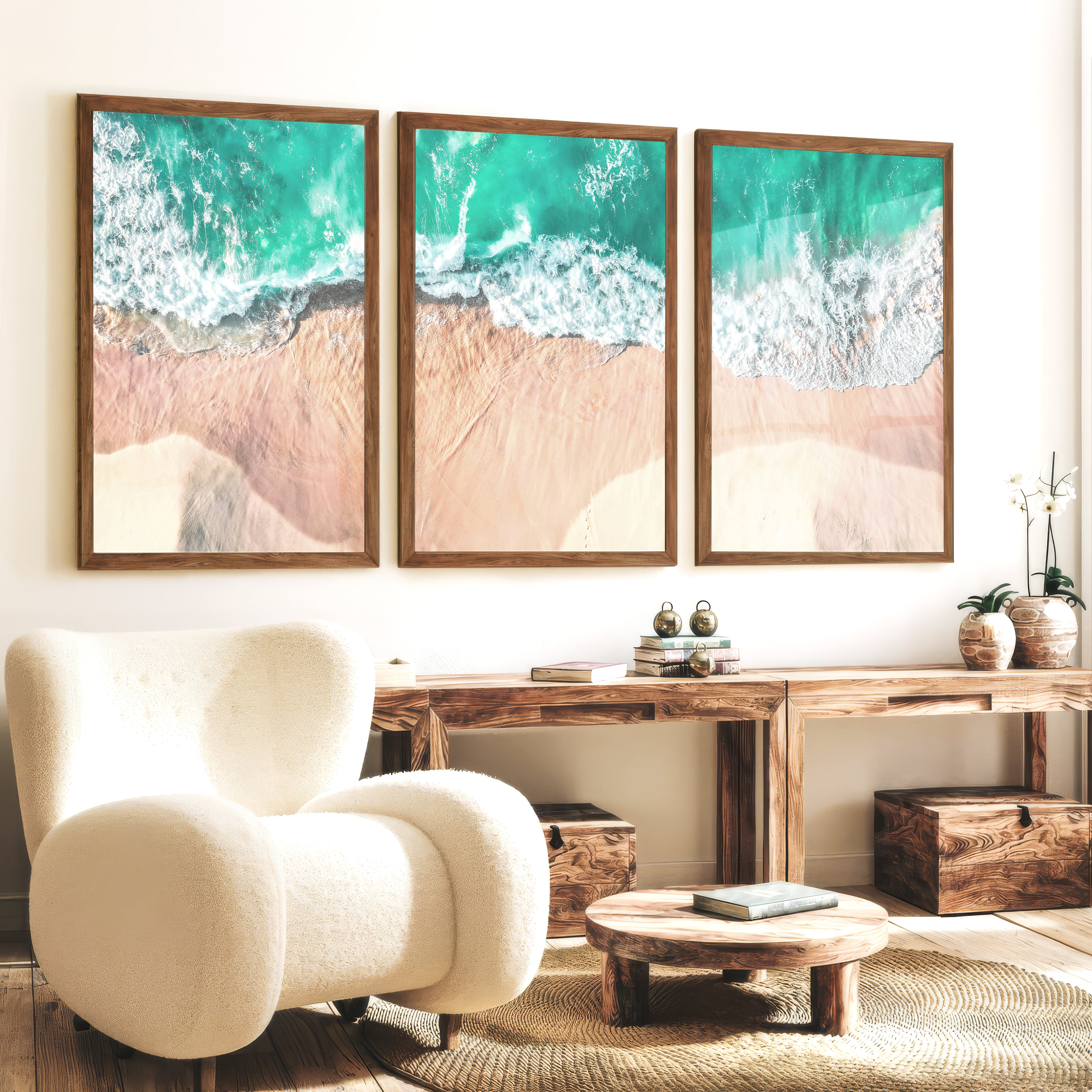 Aerial Waves Beach Pictures to Hang on Wall - Dark Brown Framed Poster No Border - Artworksets