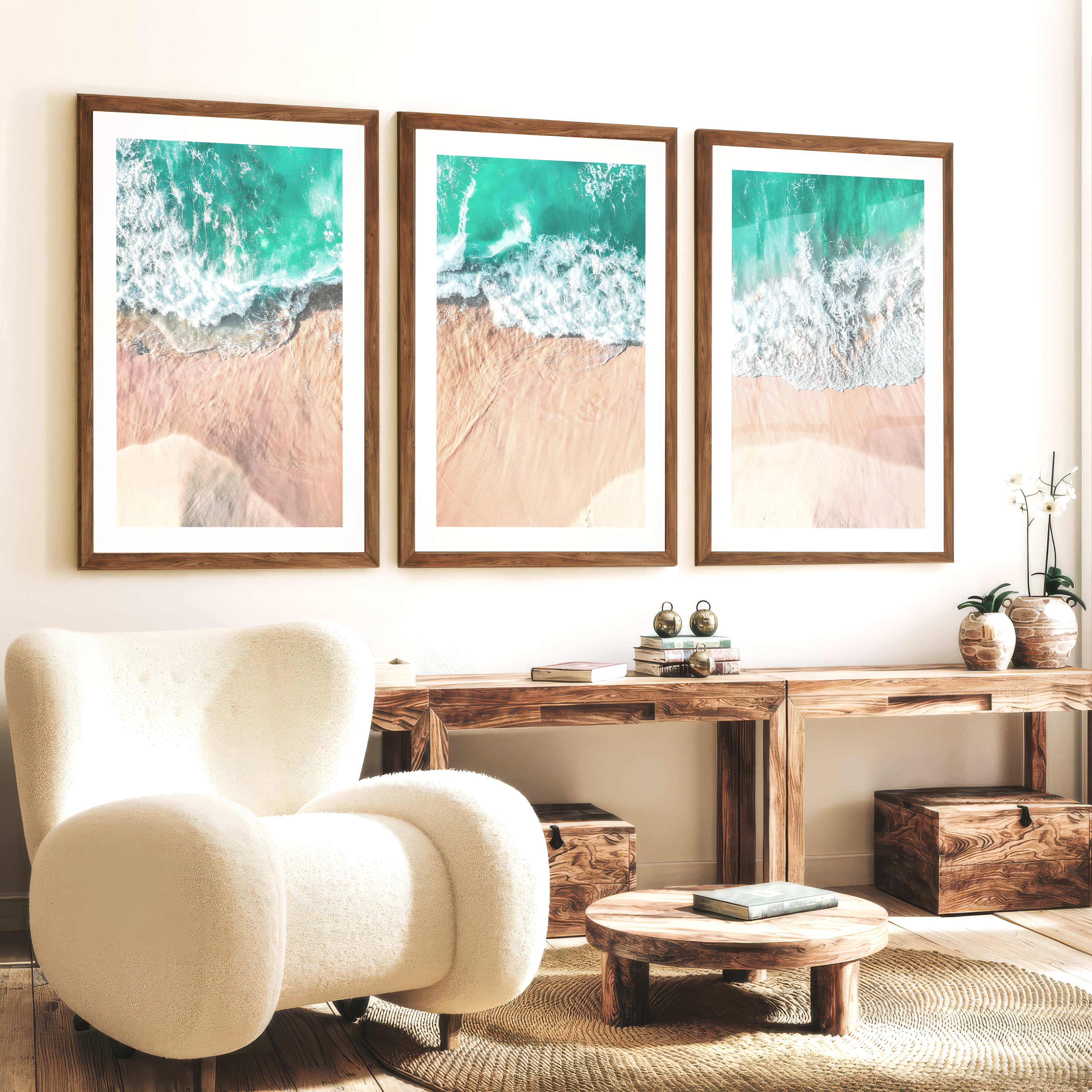 Aerial Waves Beach Pictures to Hang on Wall - Dark Brown Framed Poster with White Border - Artworksets