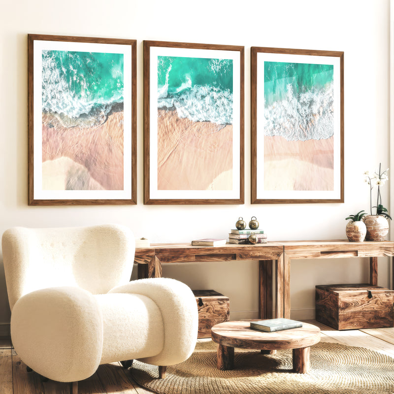 Aerial Waves Beach Pictures to Hang on Wall - Dark Brown Framed Poster with White Border - Artworksets