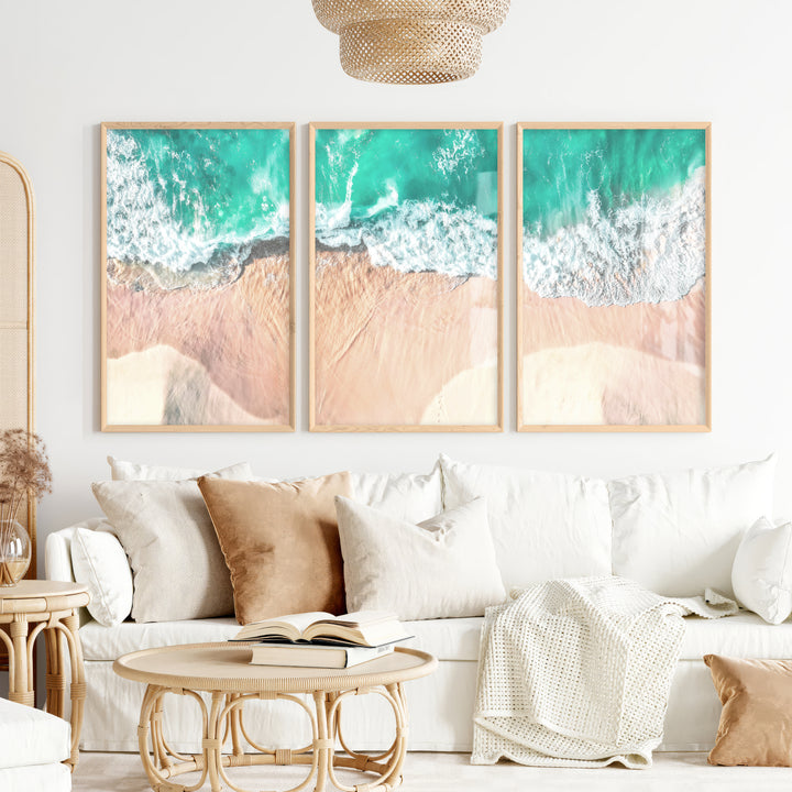 Aerial Waves Beach Pictures to Hang on Wall - Natural Wood Framed Poster No Border - Artworksets