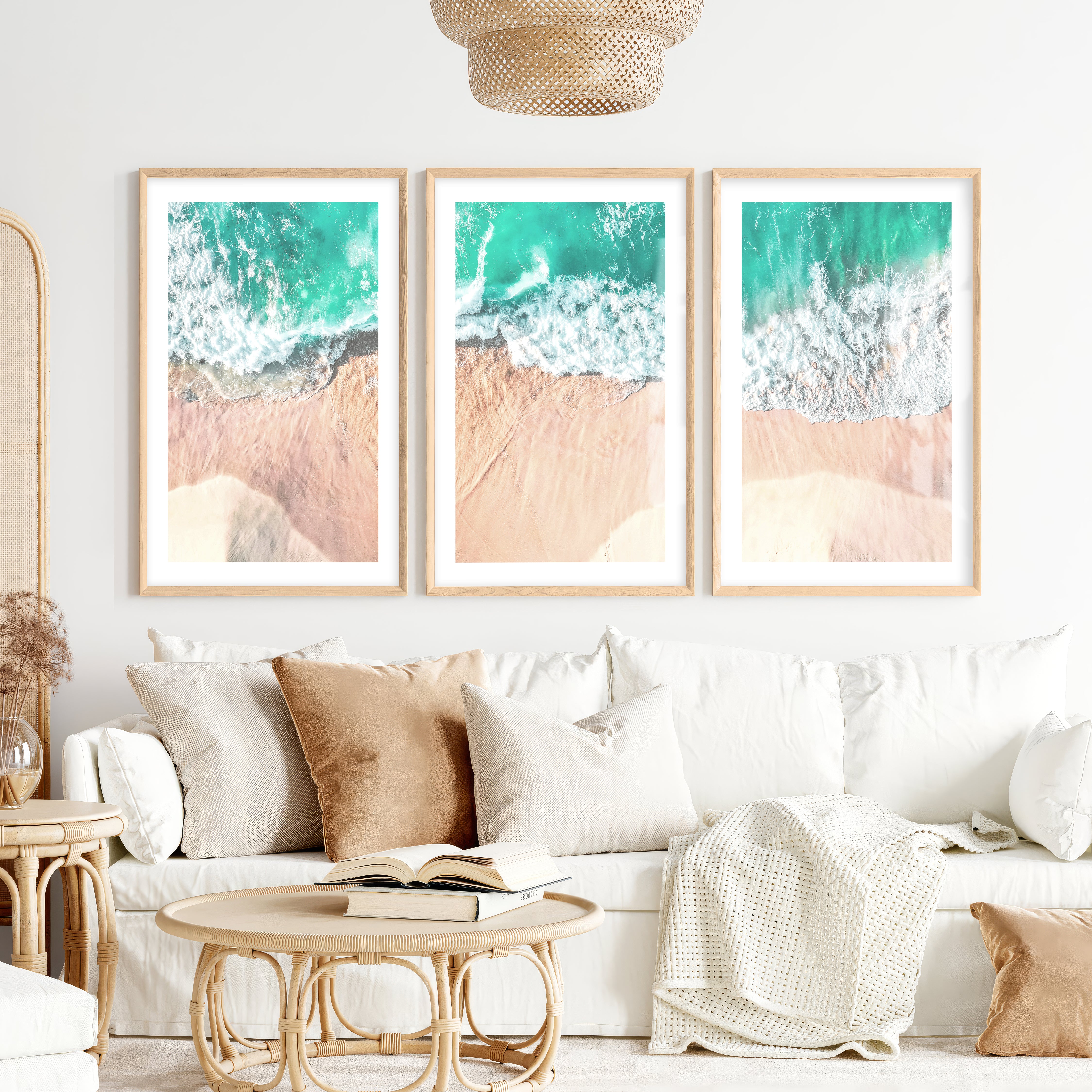 Aerial Waves Beach Pictures to Hang on Wall- Natural Wood Framed Poster with White Border - Artworksets