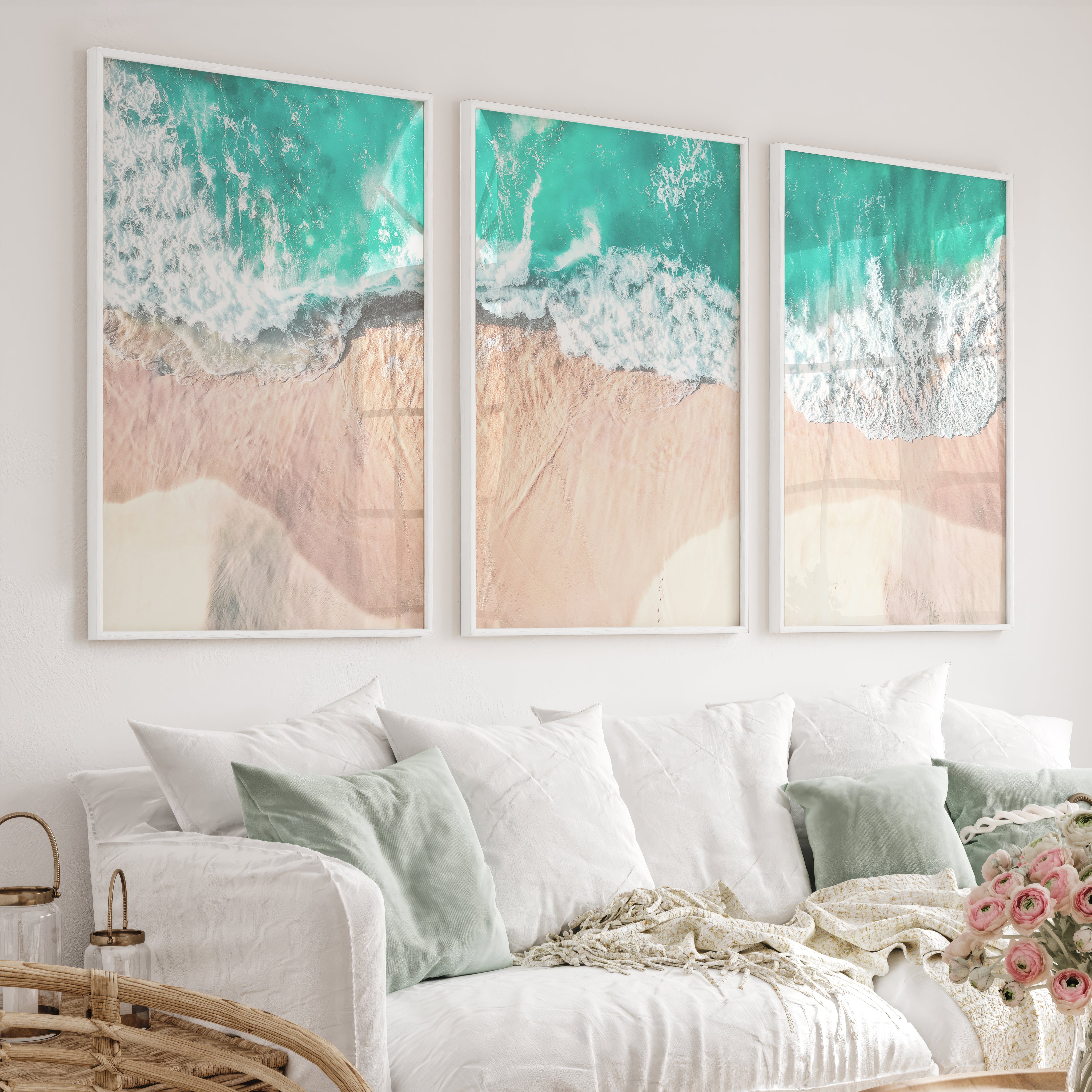 Aerial Waves Beach Pictures to Hang on Wall - White Framed Poster No Border - Artworksets