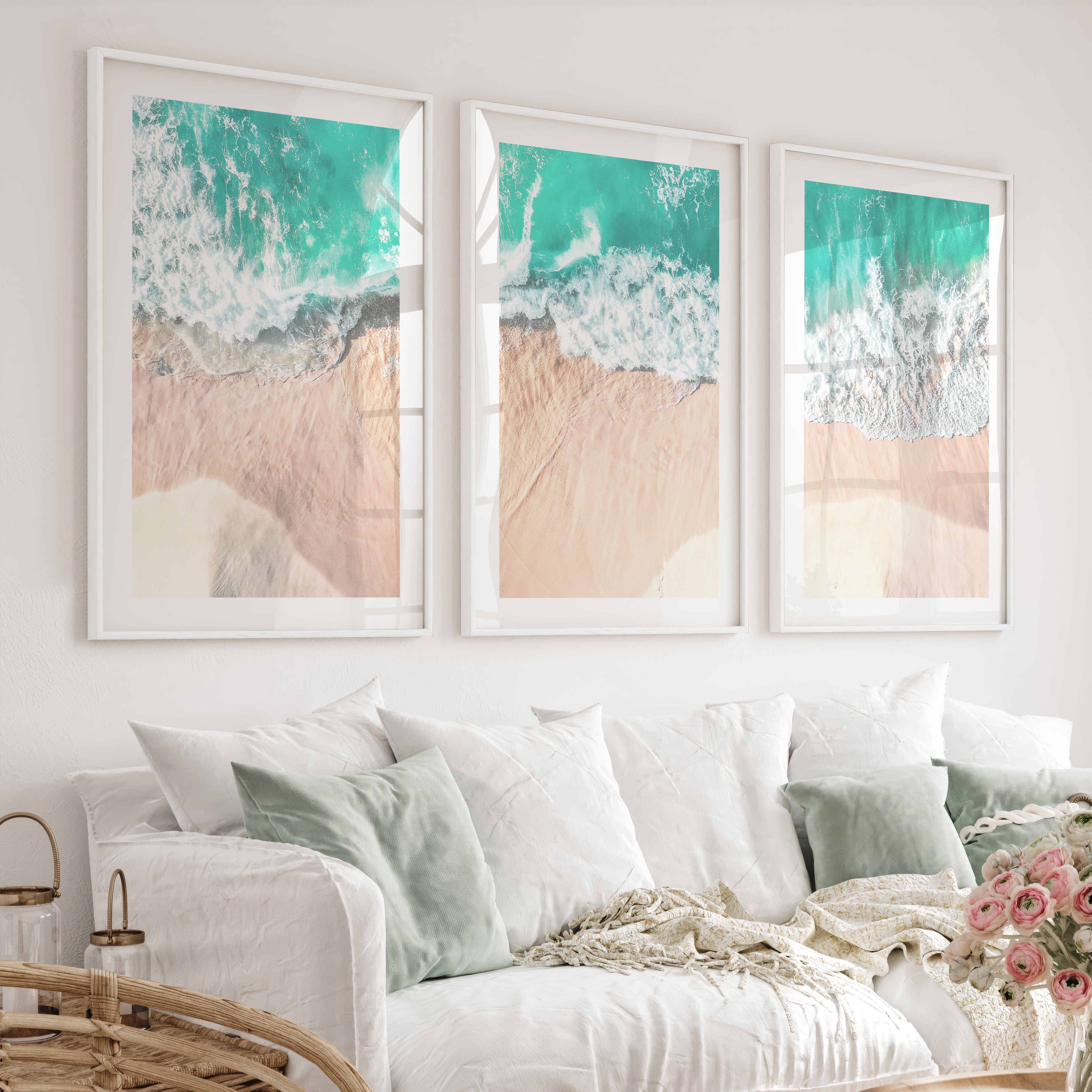 Aerial Waves Beach Pictures to Hang on Wall - White Framed Poster with White Border - Artworksets