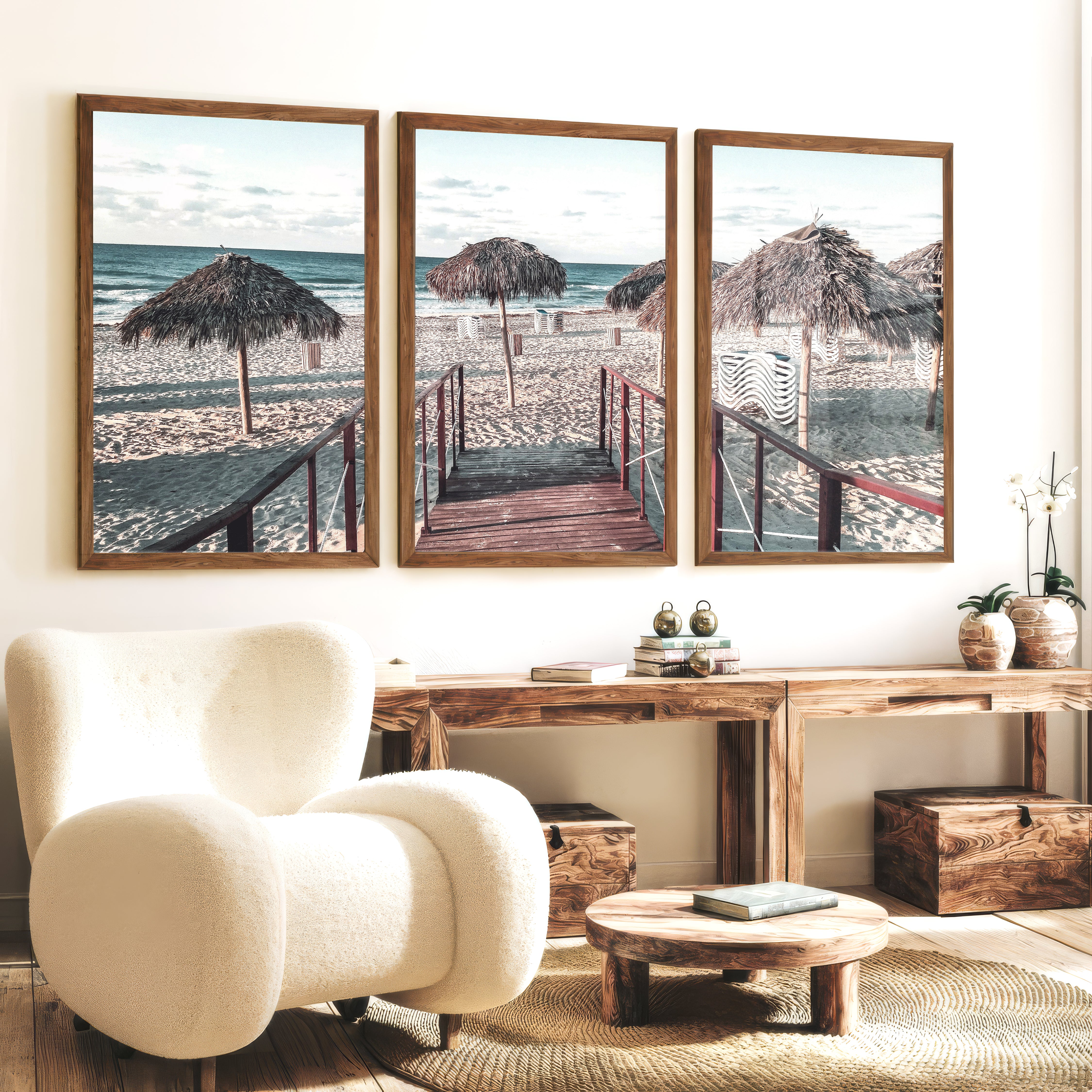 Boardwalk to Palapas beach pictures wall decor - Dark Brown Framed Poster No Border - Artworksets