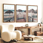 Boardwalk to Palapas beach pictures wall decor - Dark Brown Framed Poster No Border - Artworksets