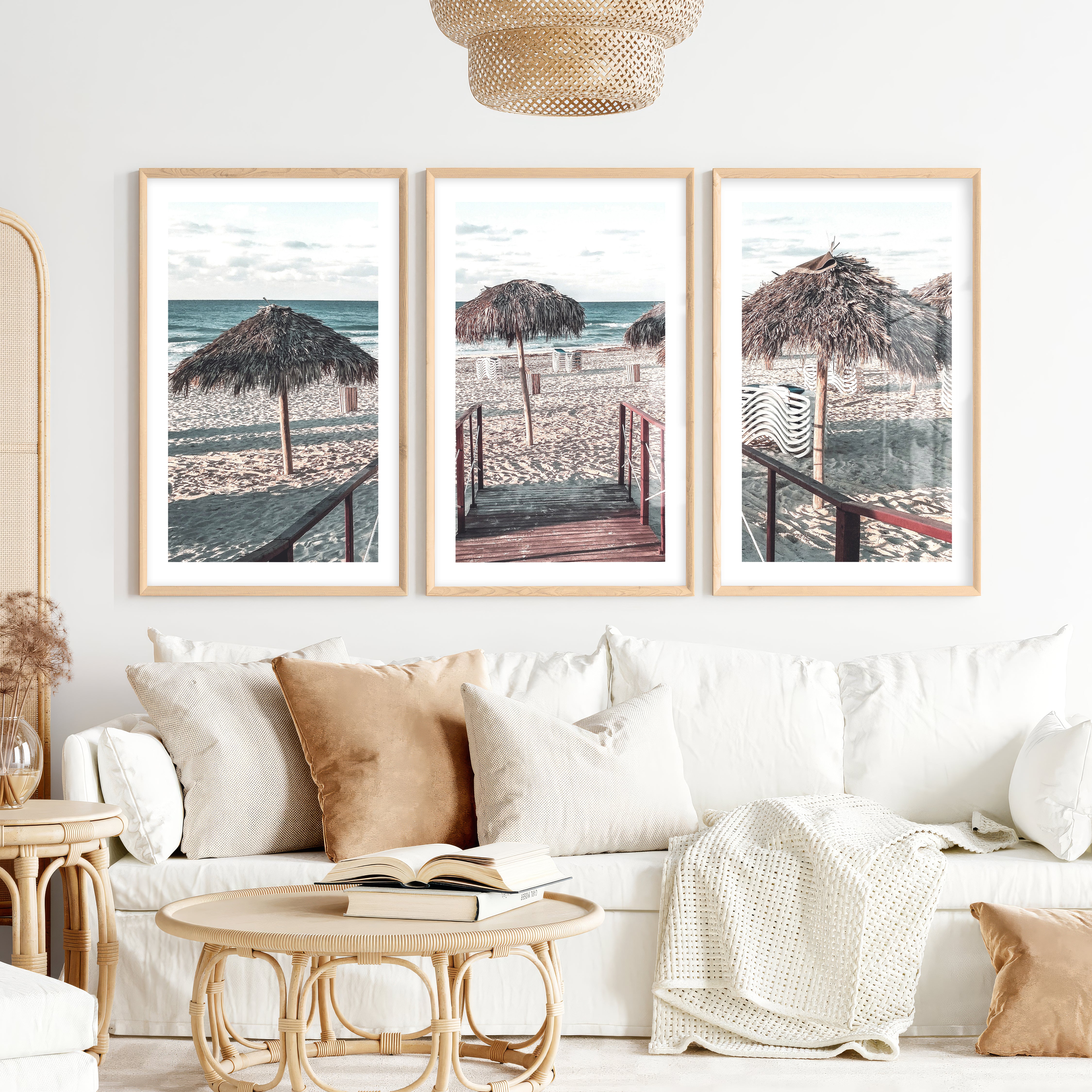 Boardwalk to Palapas beach pictures wall decor- Natural Wood Framed Poster with White Border - Artworksets