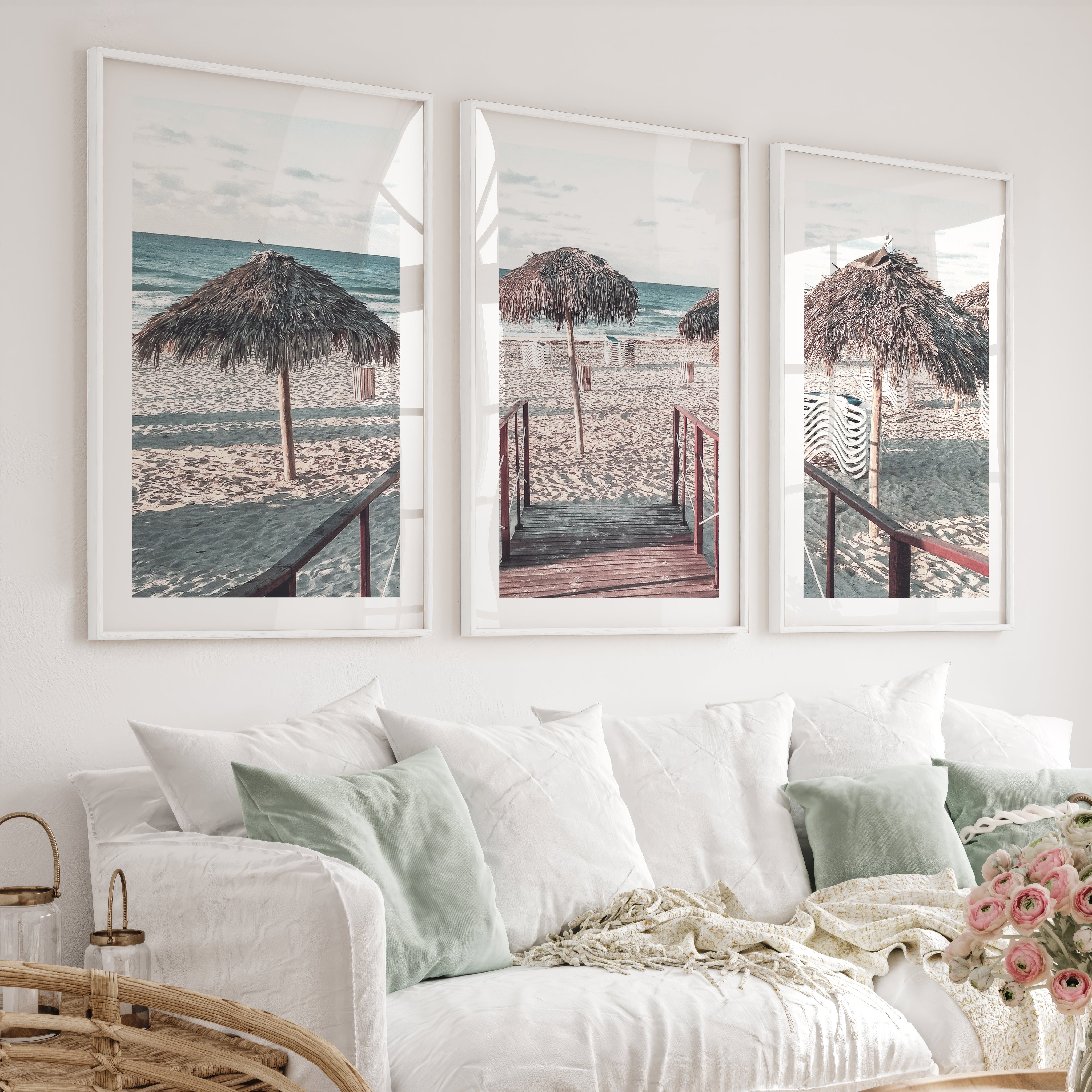 Boardwalk to Palapas beach pictures wall decor - White Framed Poster with White Border - Artworksets