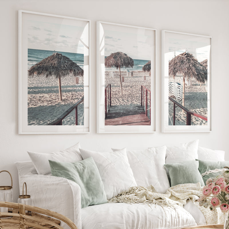 Boardwalk to Palapas beach pictures wall decor - White Framed Poster with White Border - Artworksets