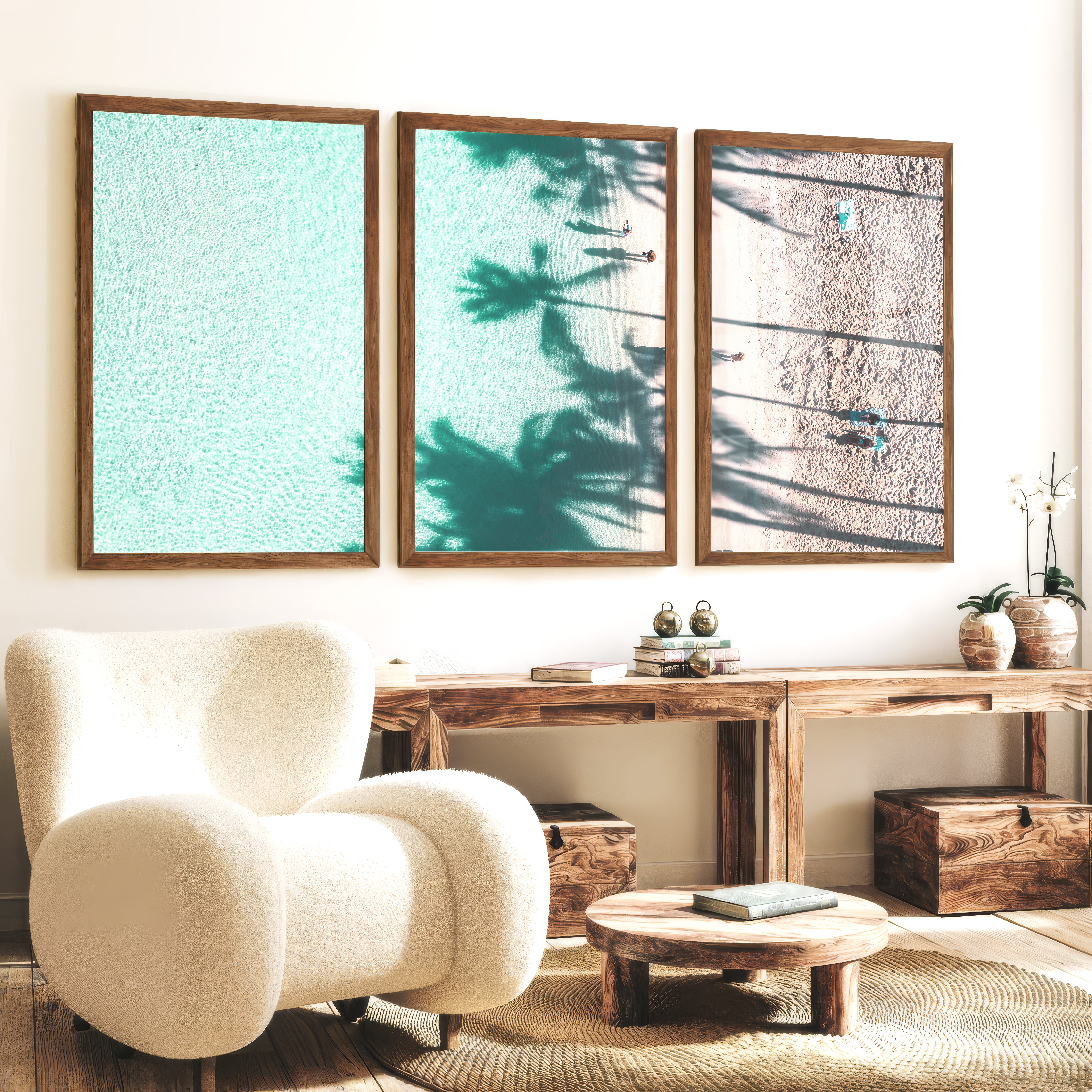 Palm Shadow Beach Pictures Wall Decor - Dark Brown Framed Poster No Border - Artworksets