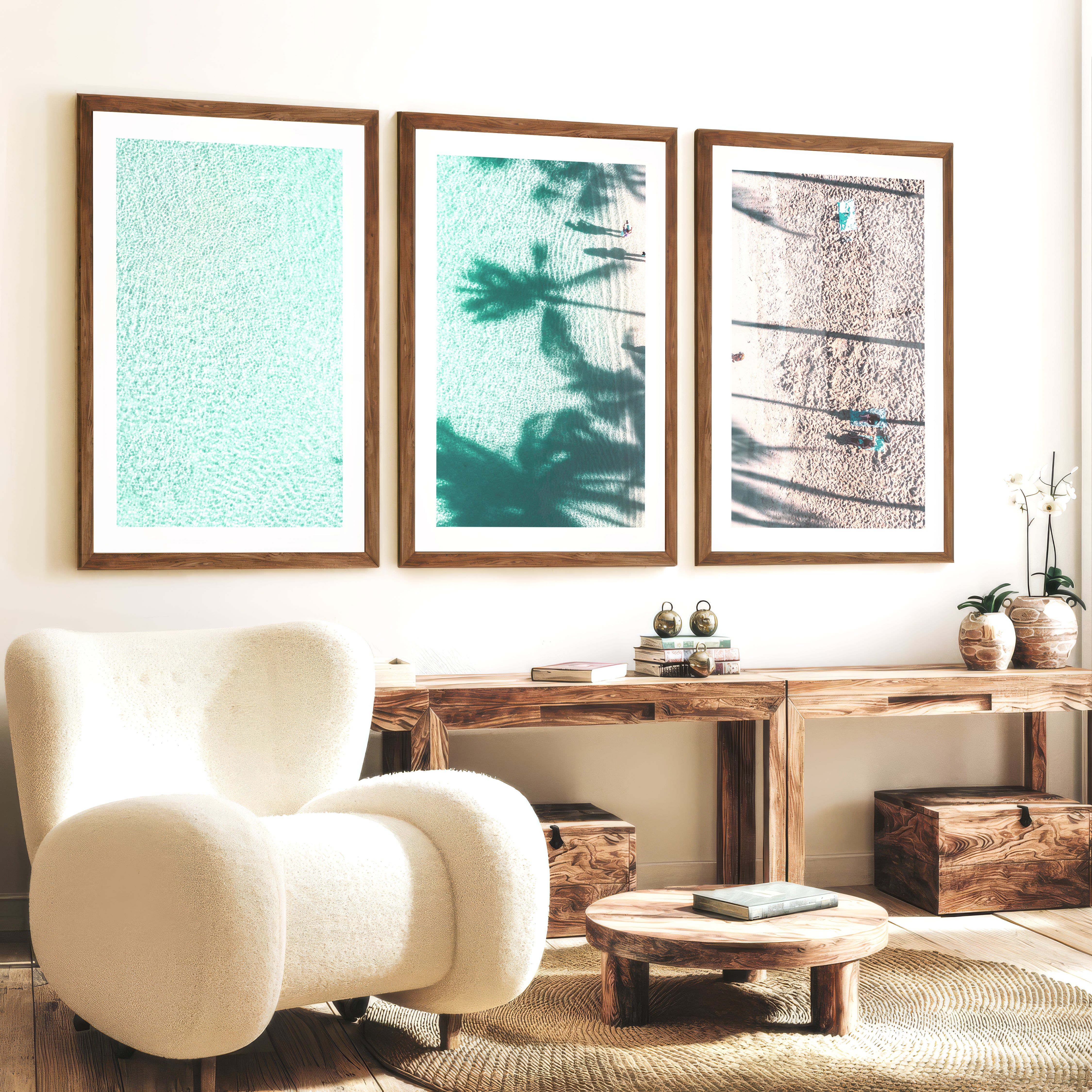 Palm Shadow Beach Pictures Wall Decor - Dark Brown Framed Poster with White Border - Artworksets
