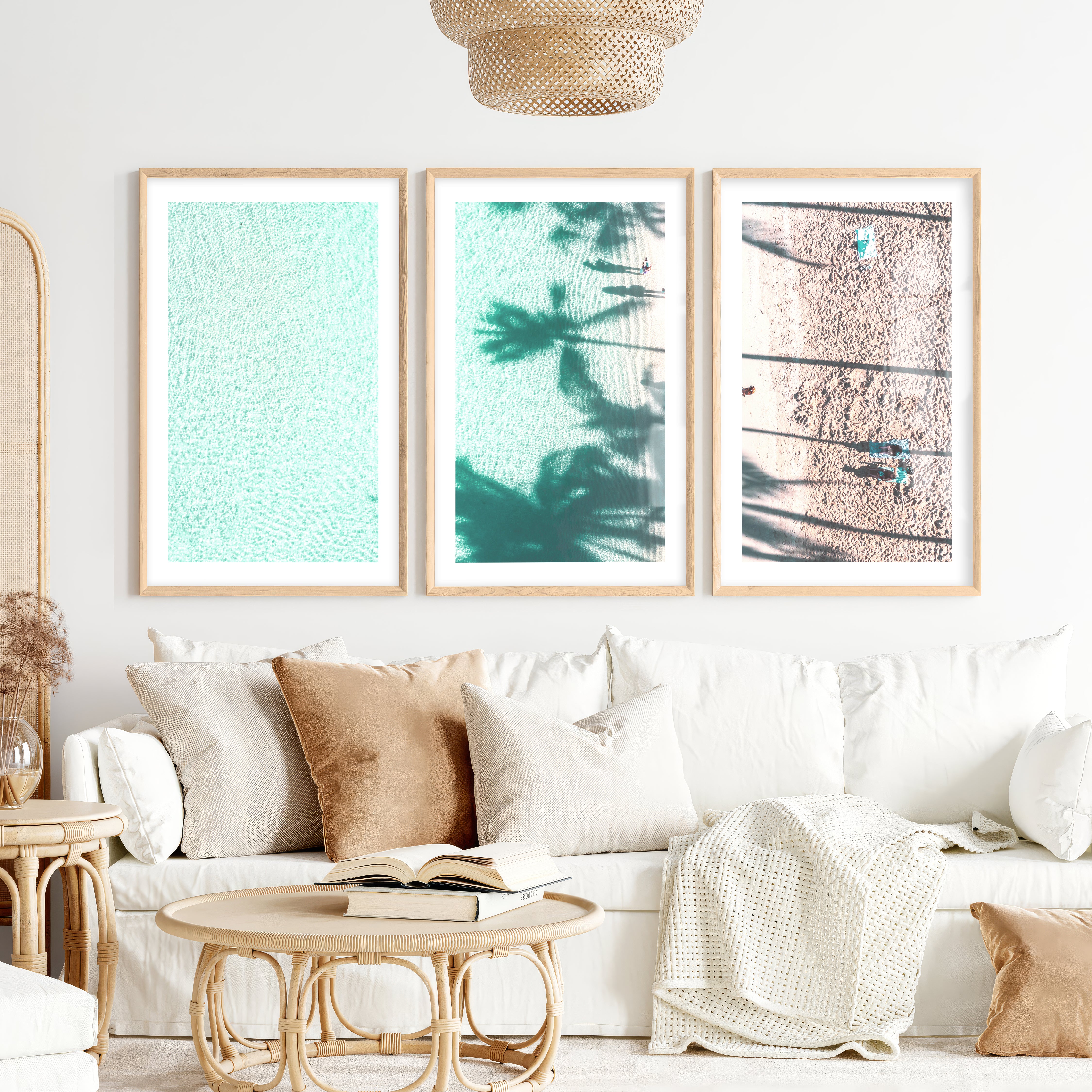 Palm Shadow Beach Pictures Wall Decor- Natural Wood Framed Poster with White Border - Artworksets