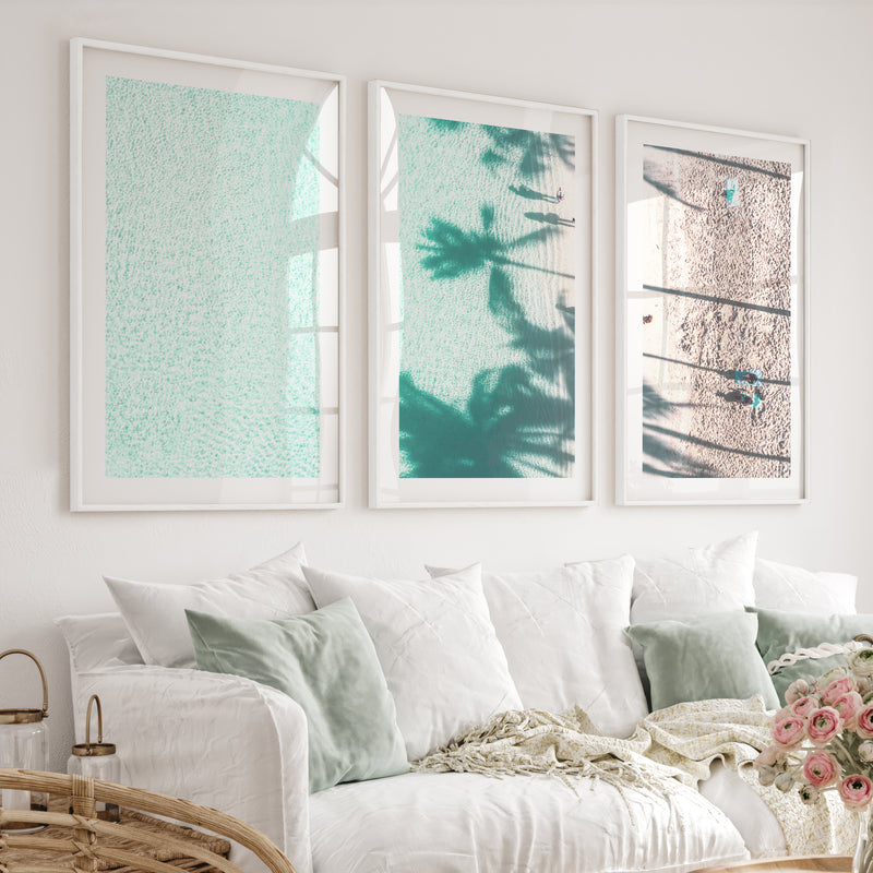 Palm Shadow Beach Pictures Wall Decor - White Framed Poster with White Border - Artworksets