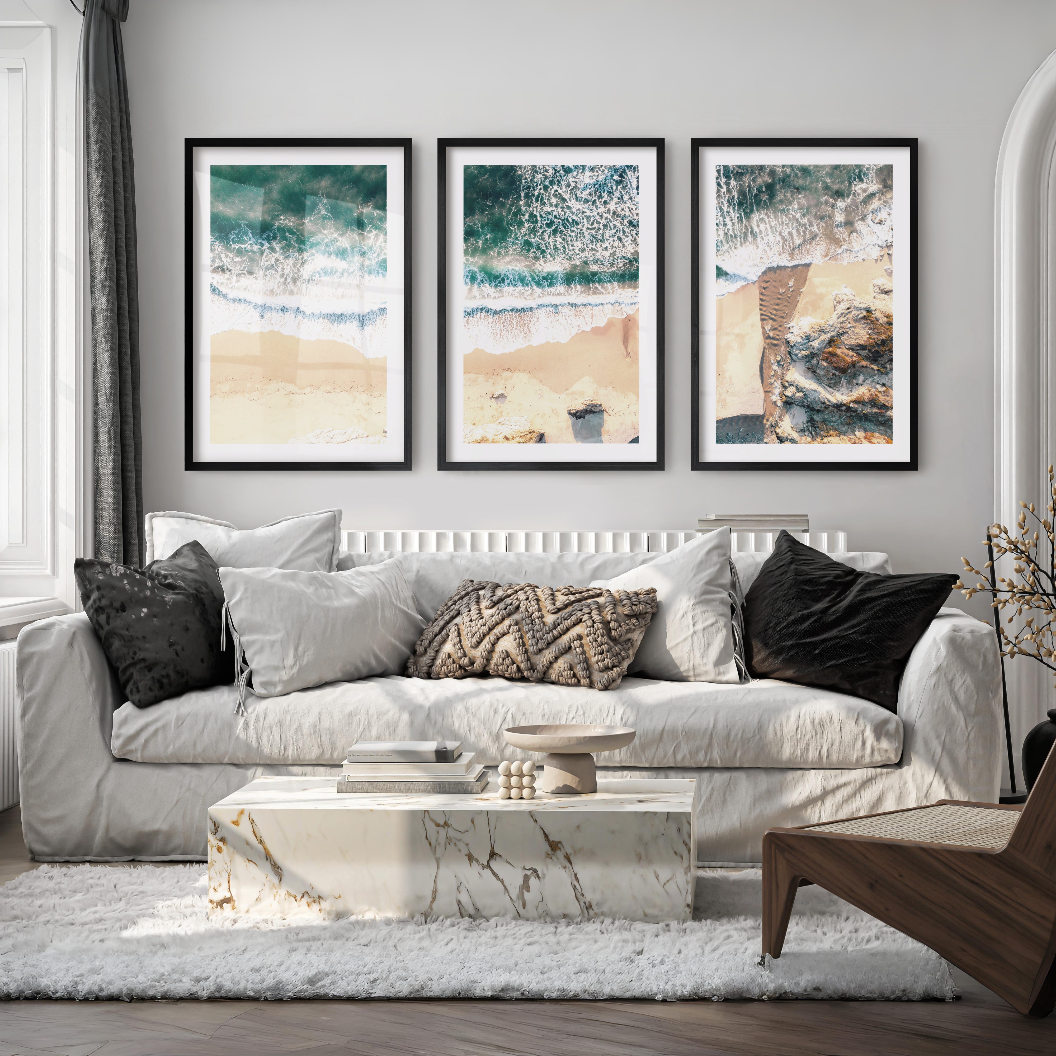 Aerial Sand Cove Beach Prints for Wall - Black Framed Poster with White Border - Artworksets