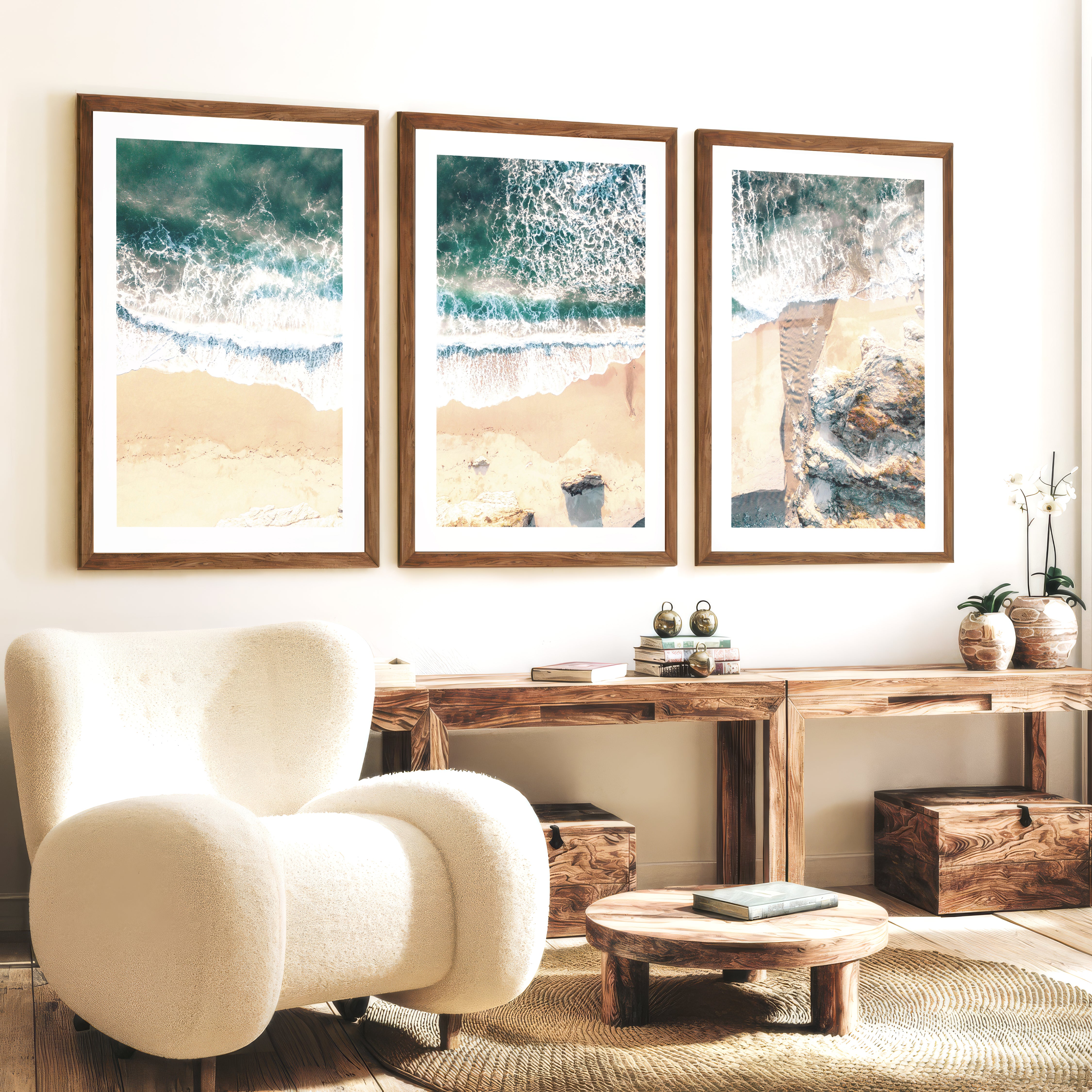 Aerial Sand Cove Beach Prints for Wall - Dark Brown Framed Poster with White Border - Artworksets