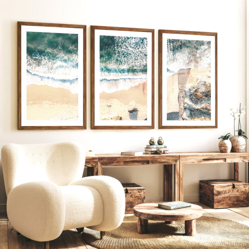 Aerial Sand Cove Beach Prints for Wall - Dark Brown Framed Poster with White Border - Artworksets