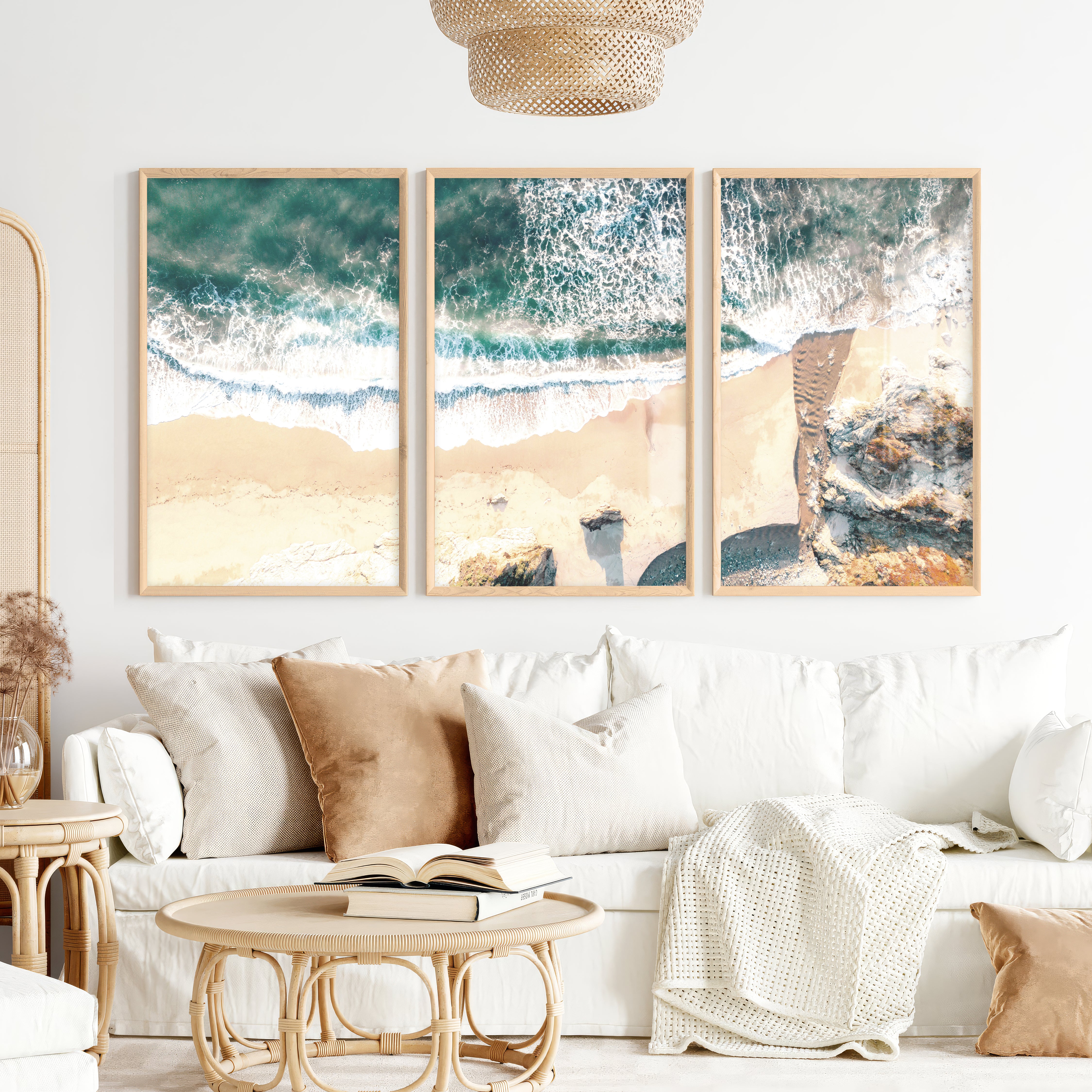 Aerial Sand Cove Beach Prints for Wall - Natural Wood Framed Poster No Border - Artworksets