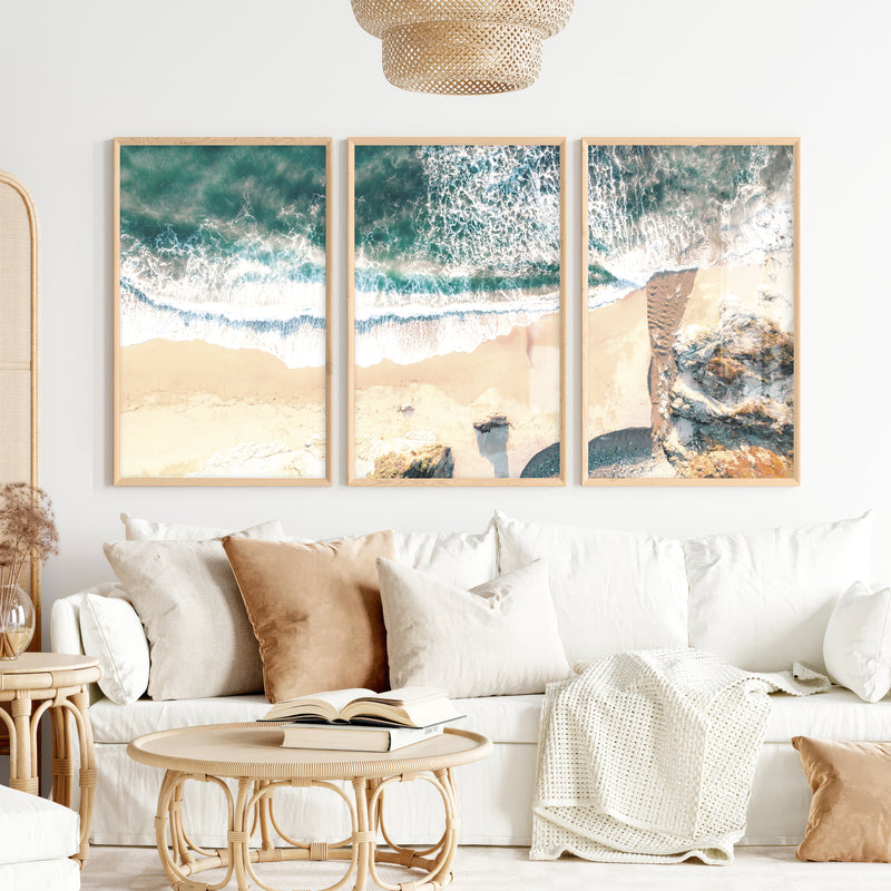 Aerial Sand Cove Beach Prints for Wall - Natural Wood Framed Poster No Border - Artworksets