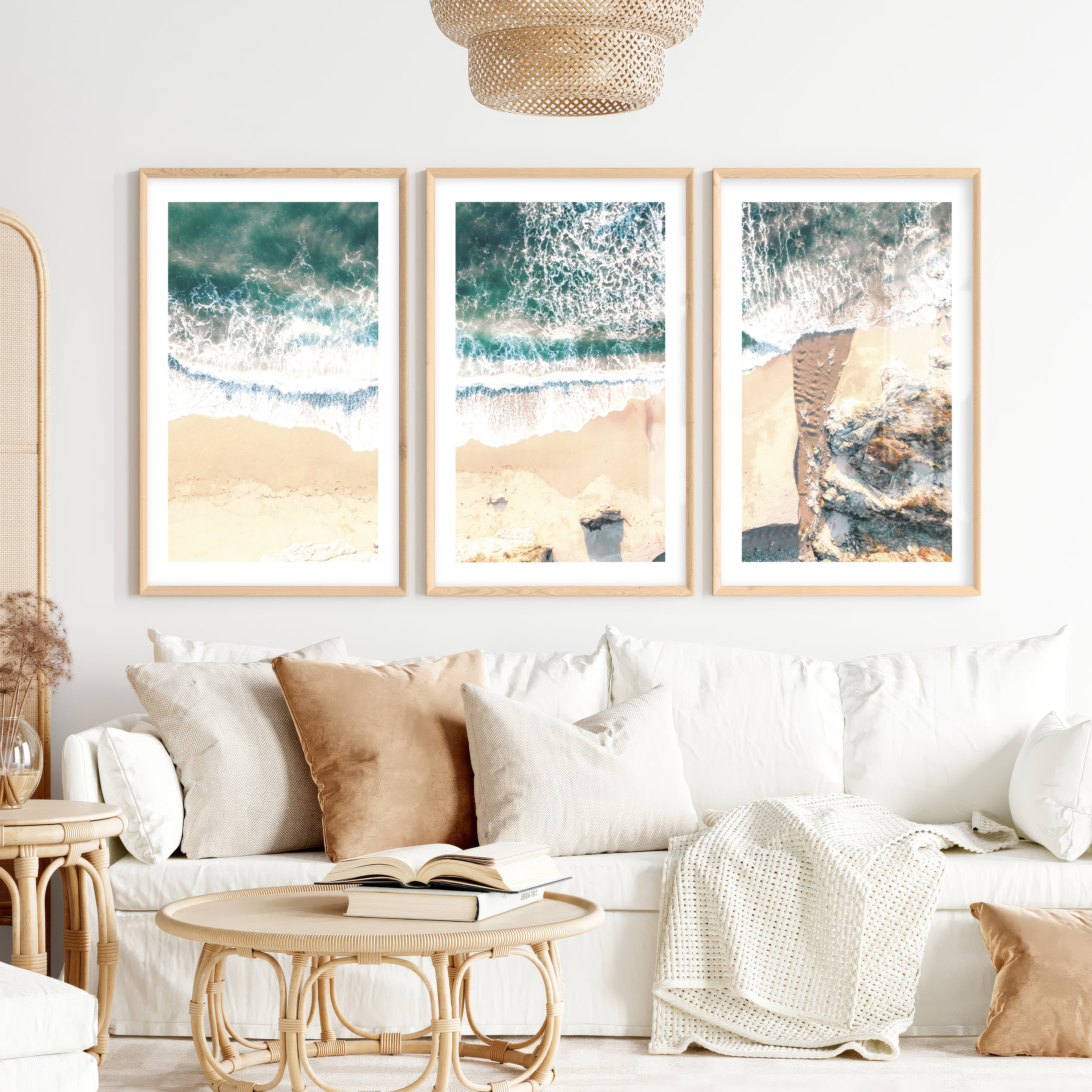 Aerial Sand Cove Beach Prints for Wall- Natural Wood Framed Poster with White Border - Artworksets