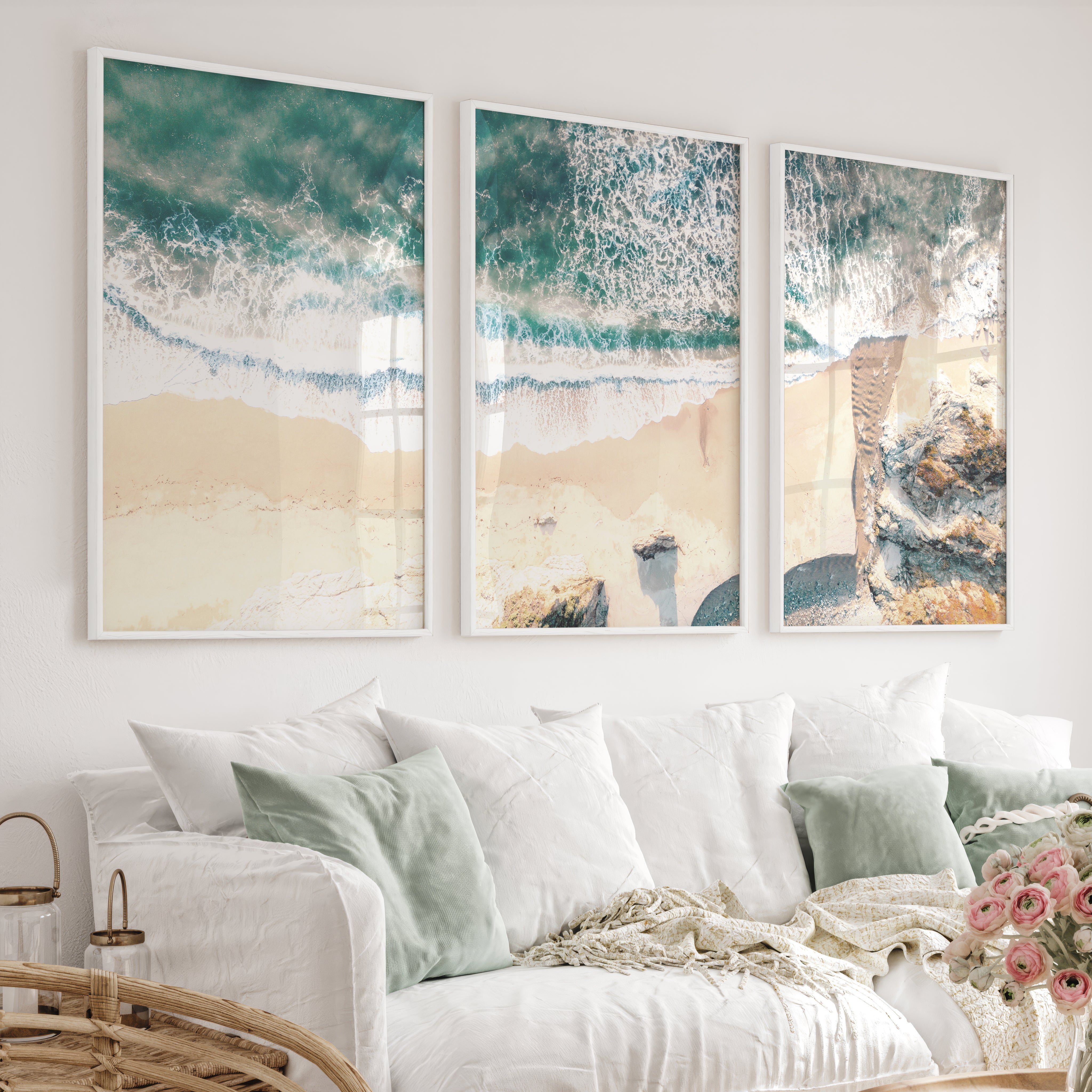 Aerial Sand Cove Beach Prints for Wall - White Framed Poster No Border - Artworksets