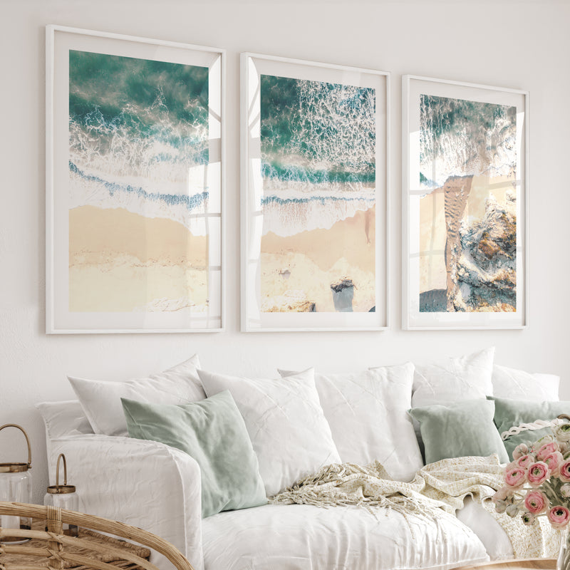 Aerial Sand Cove Beach Prints for Wall - White Framed Poster with White Border - Artworksets
