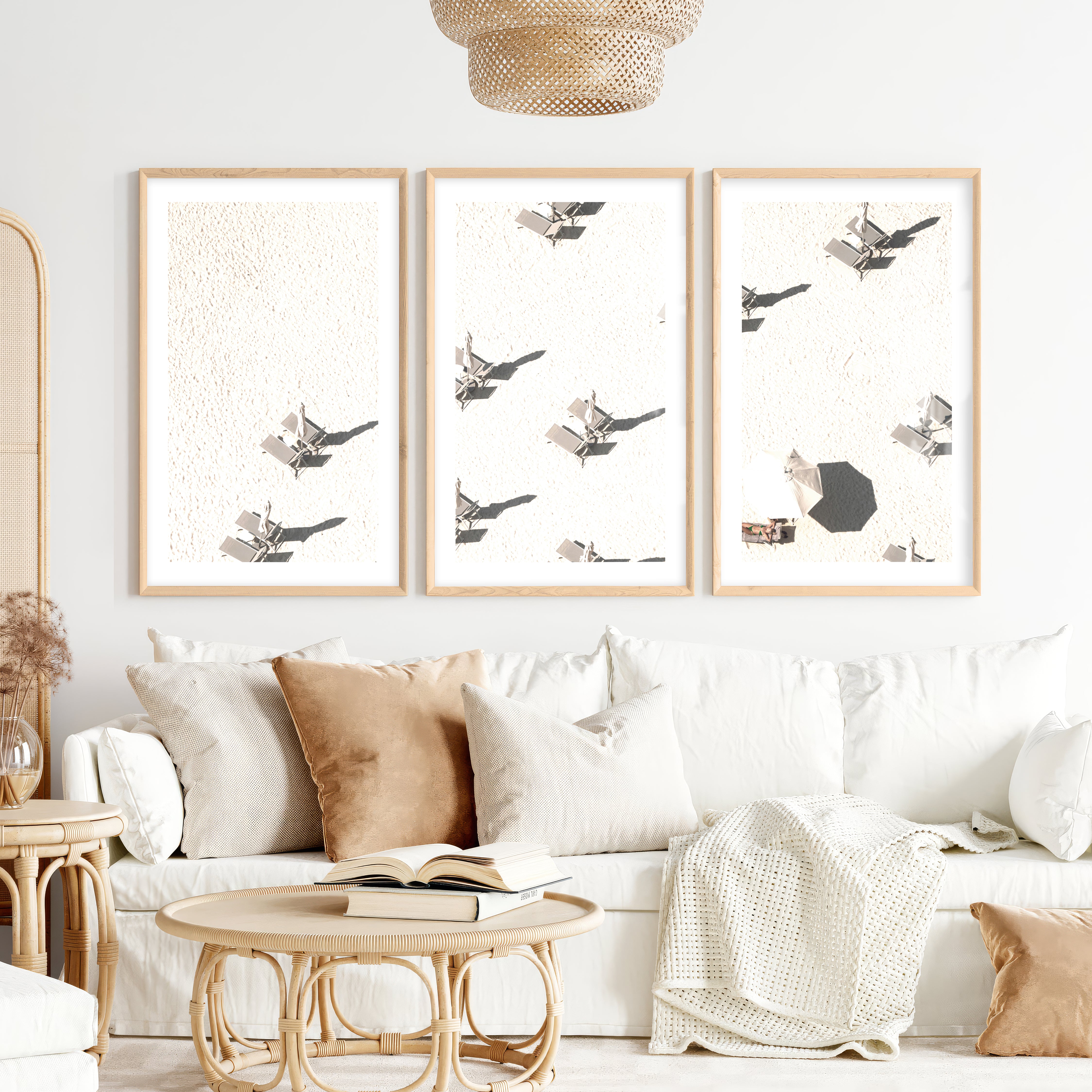 Aerial Beach Umbrellas beach prints for wall- Natural Wood Framed Poster with White Border - Artworksets