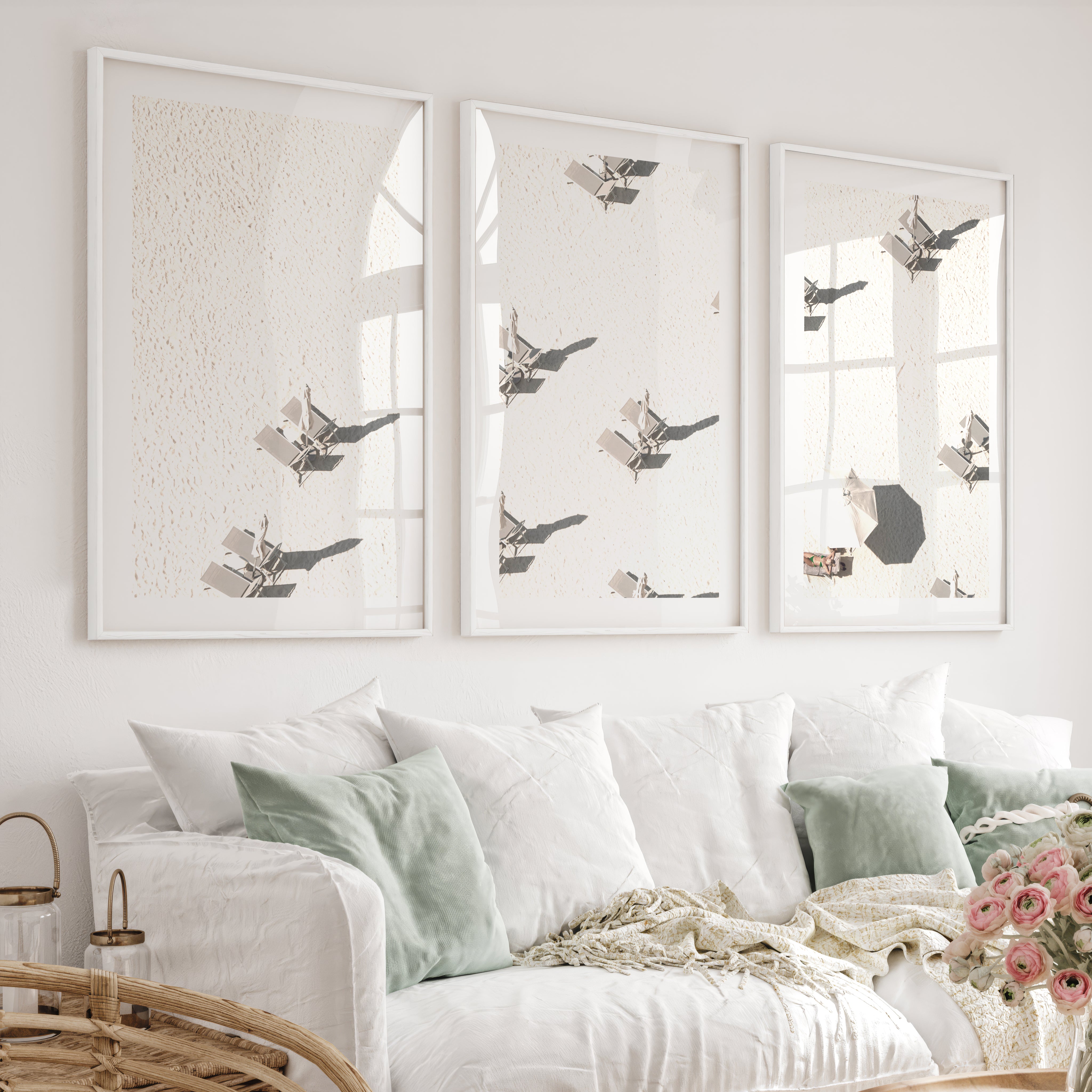 Aerial Beach Umbrellas beach prints for wall - White Framed Poster with White Border - Artworksets