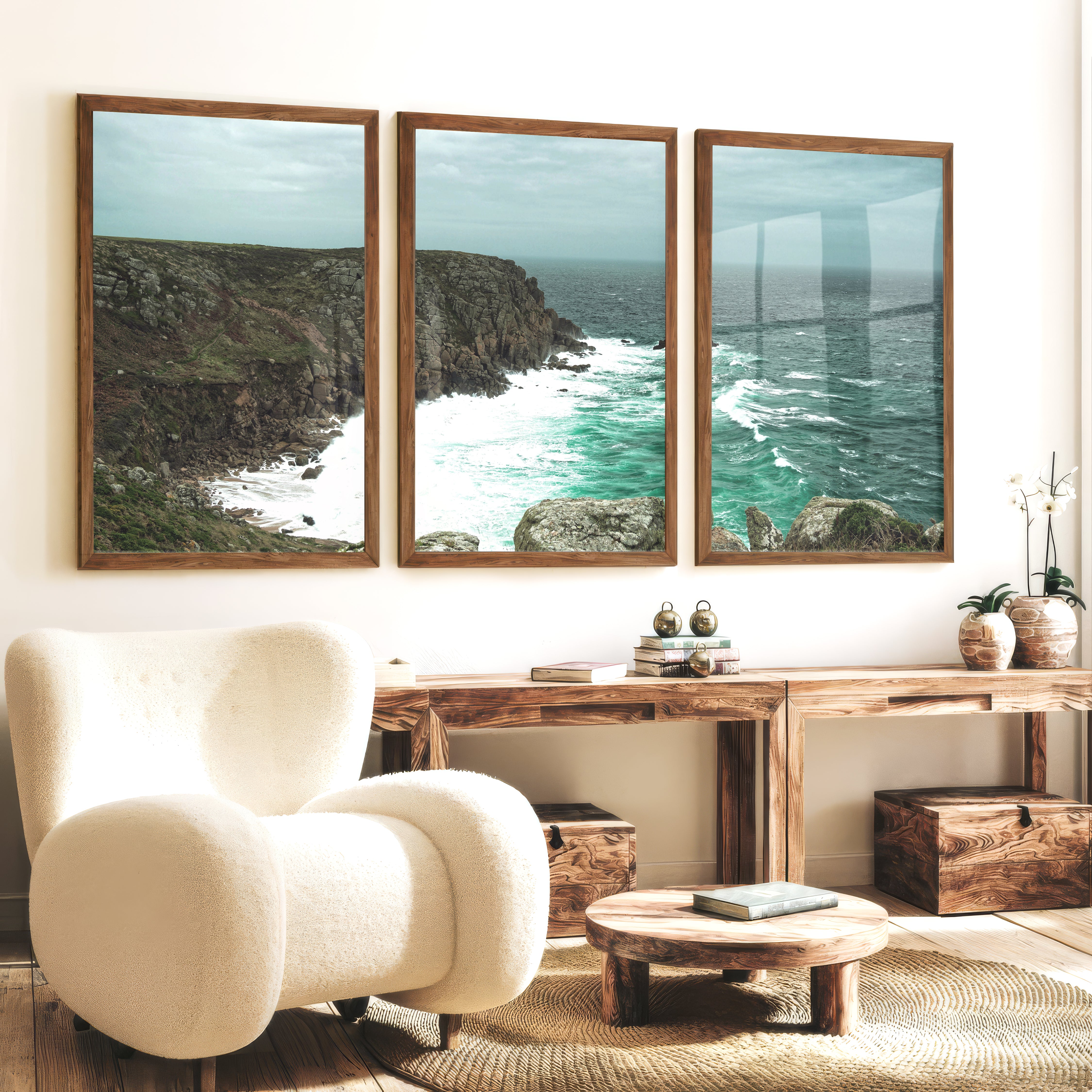 Stormy Rocky Cove Beach Prints Wall Art - Dark Brown Framed Poster No Border - Artworksets