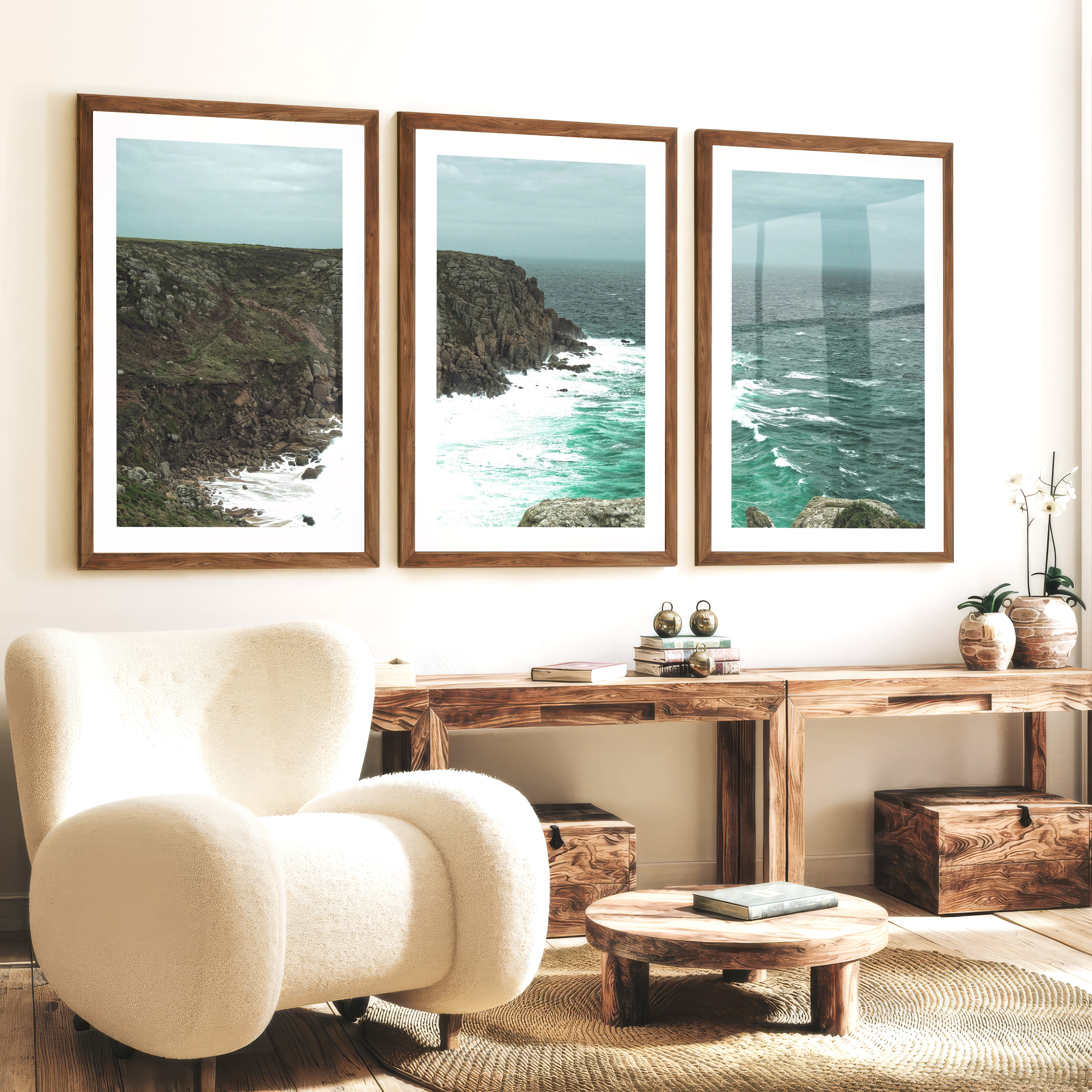Stormy Rocky Cove Beach Prints Wall Art - Dark Brown Framed Poster with White Border - Artworksets