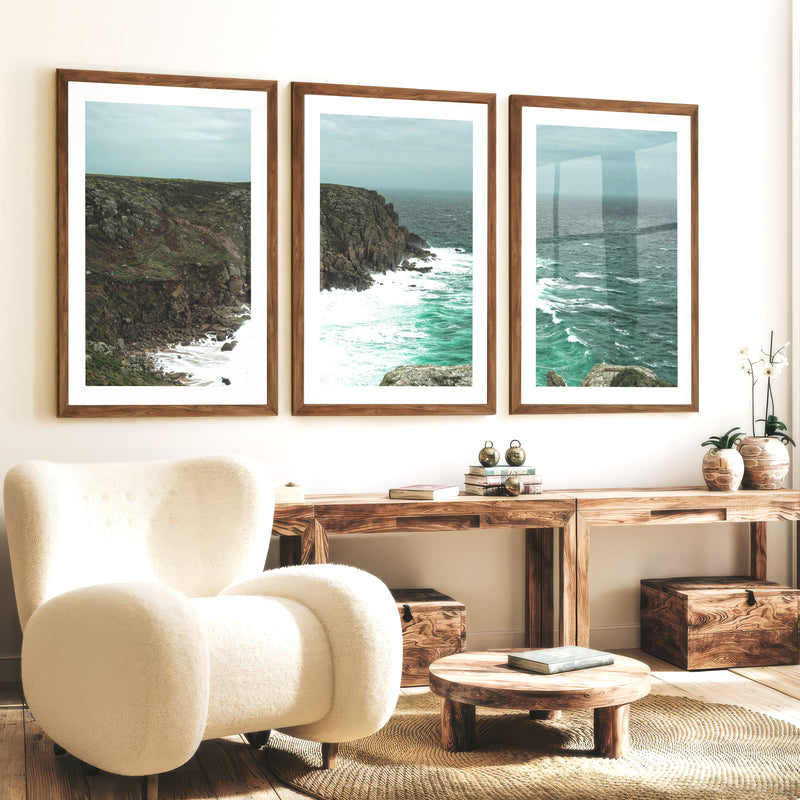 Stormy Rocky Cove Beach Prints Wall Art - Dark Brown Framed Poster with White Border - Artworksets