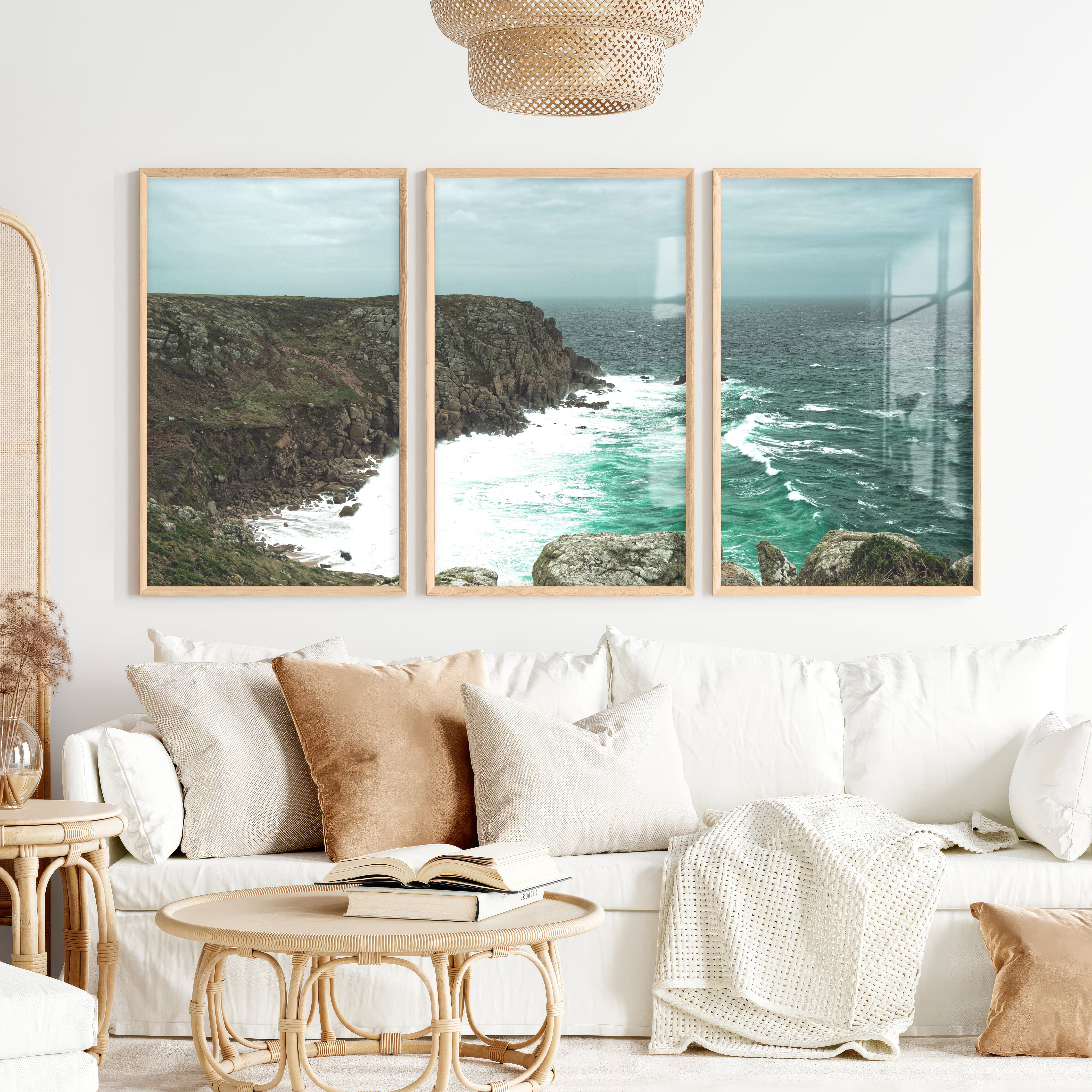 Stormy Rocky Cove Beach Prints Wall Art - Natural Wood Framed Poster No Border - Artworksets