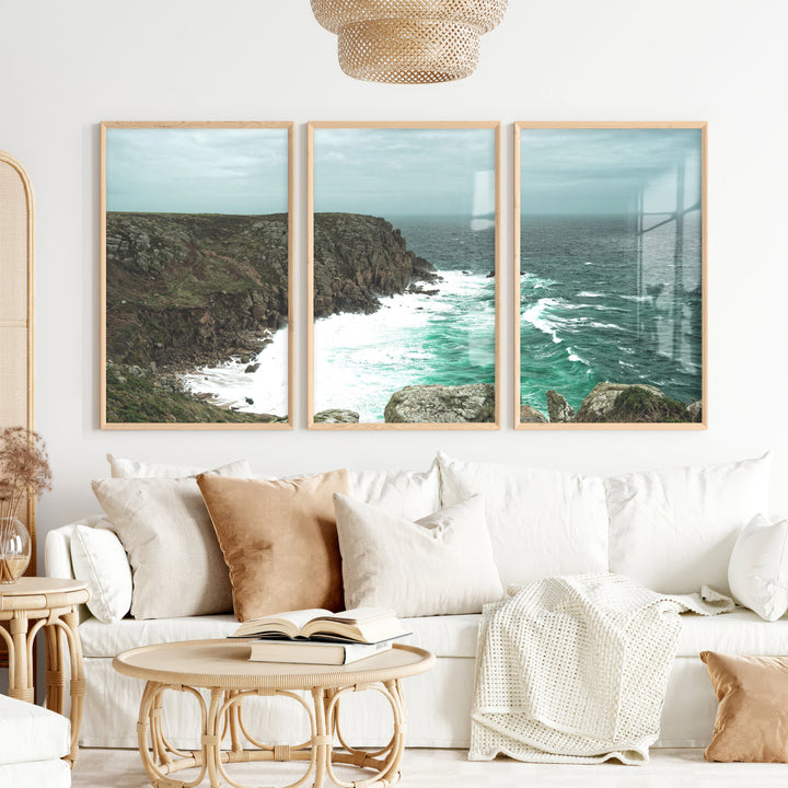 Stormy Rocky Cove Beach Prints Wall Art - Natural Wood Framed Poster No Border - Artworksets