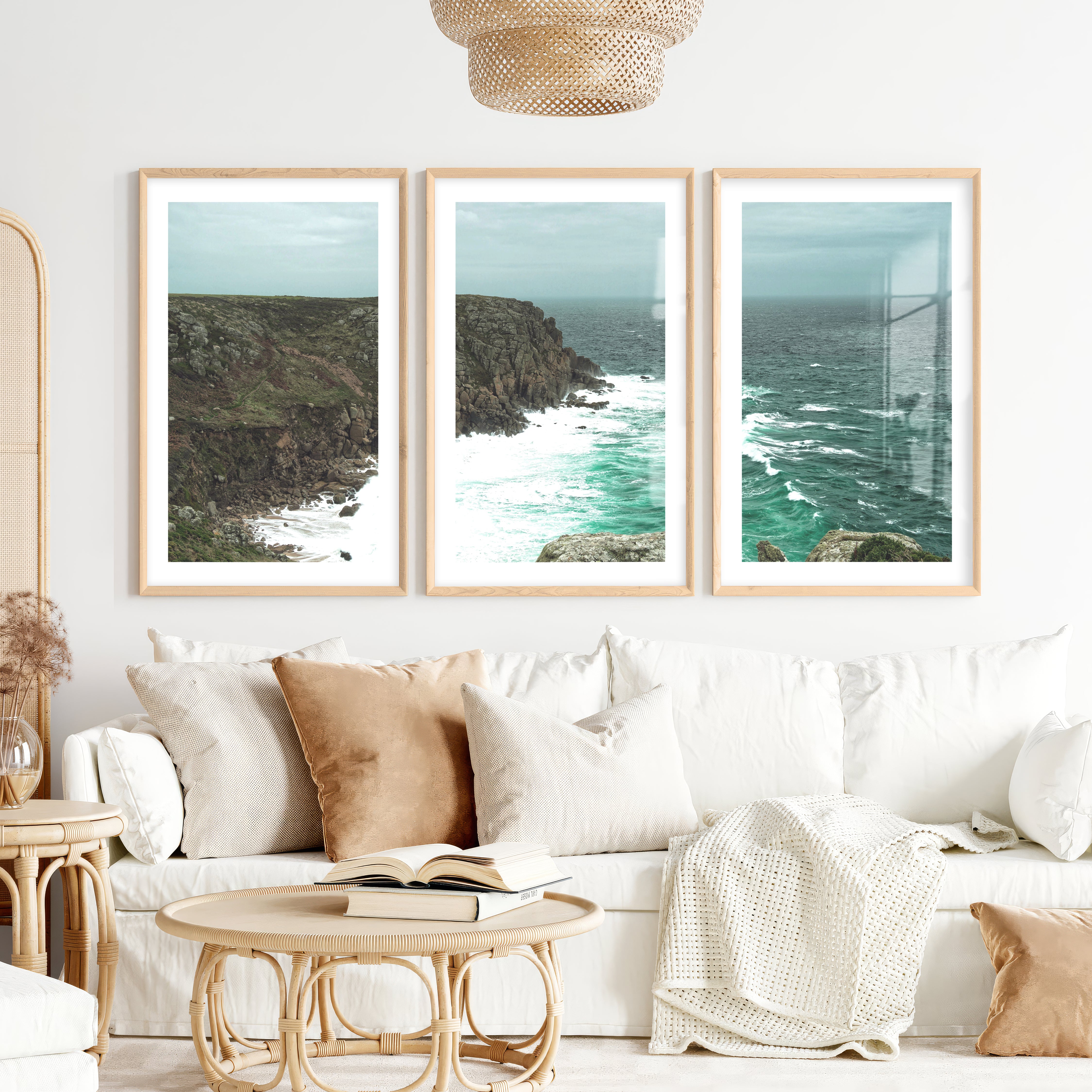 Stormy Rocky Cove Beach Prints Wall Art- Natural Wood Framed Poster with White Border - Artworksets