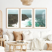 Stormy Rocky Cove Beach Prints Wall Art- Natural Wood Framed Poster with White Border - Artworksets