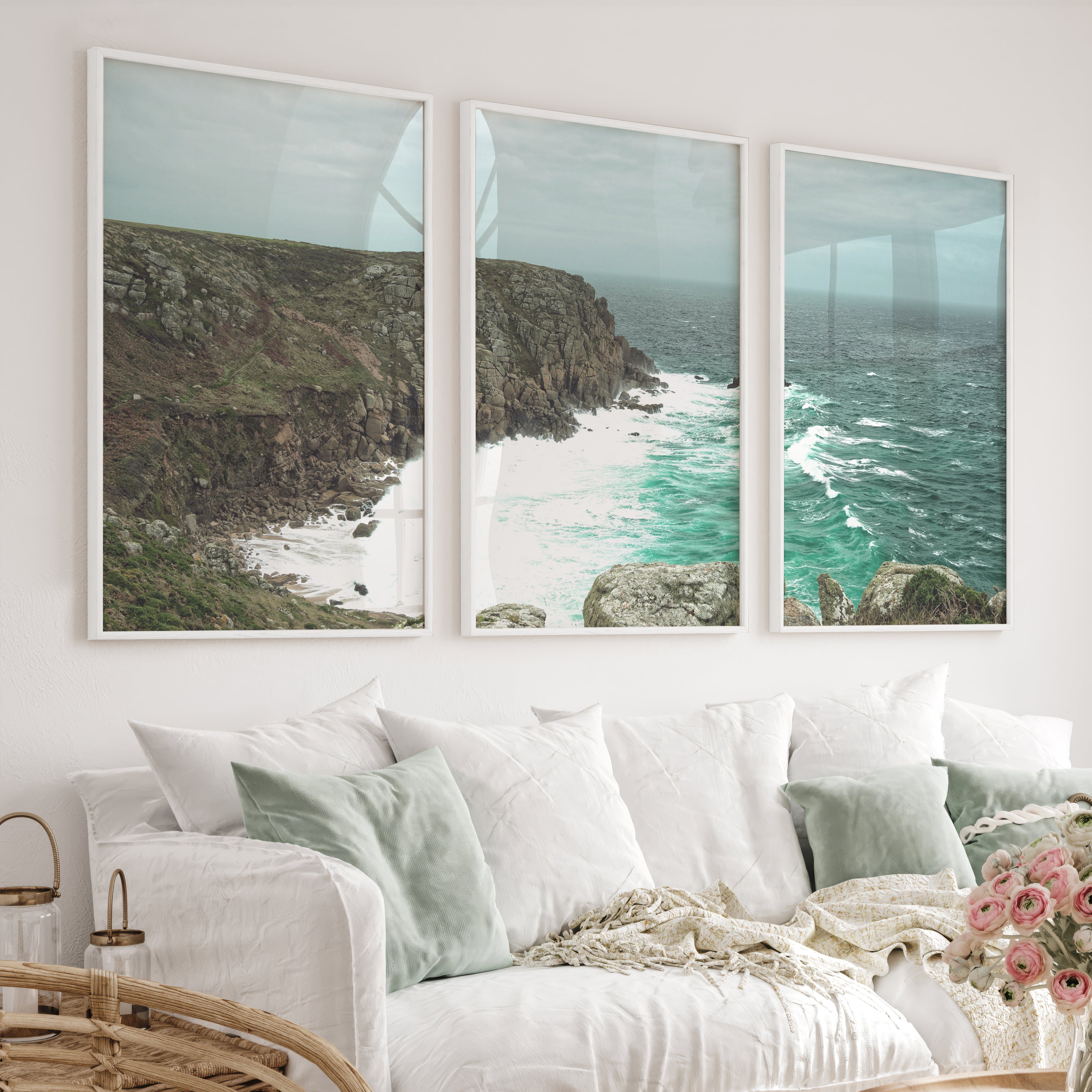 Stormy Rocky Cove Beach Prints Wall Art - White Framed Poster No Border - Artworksets