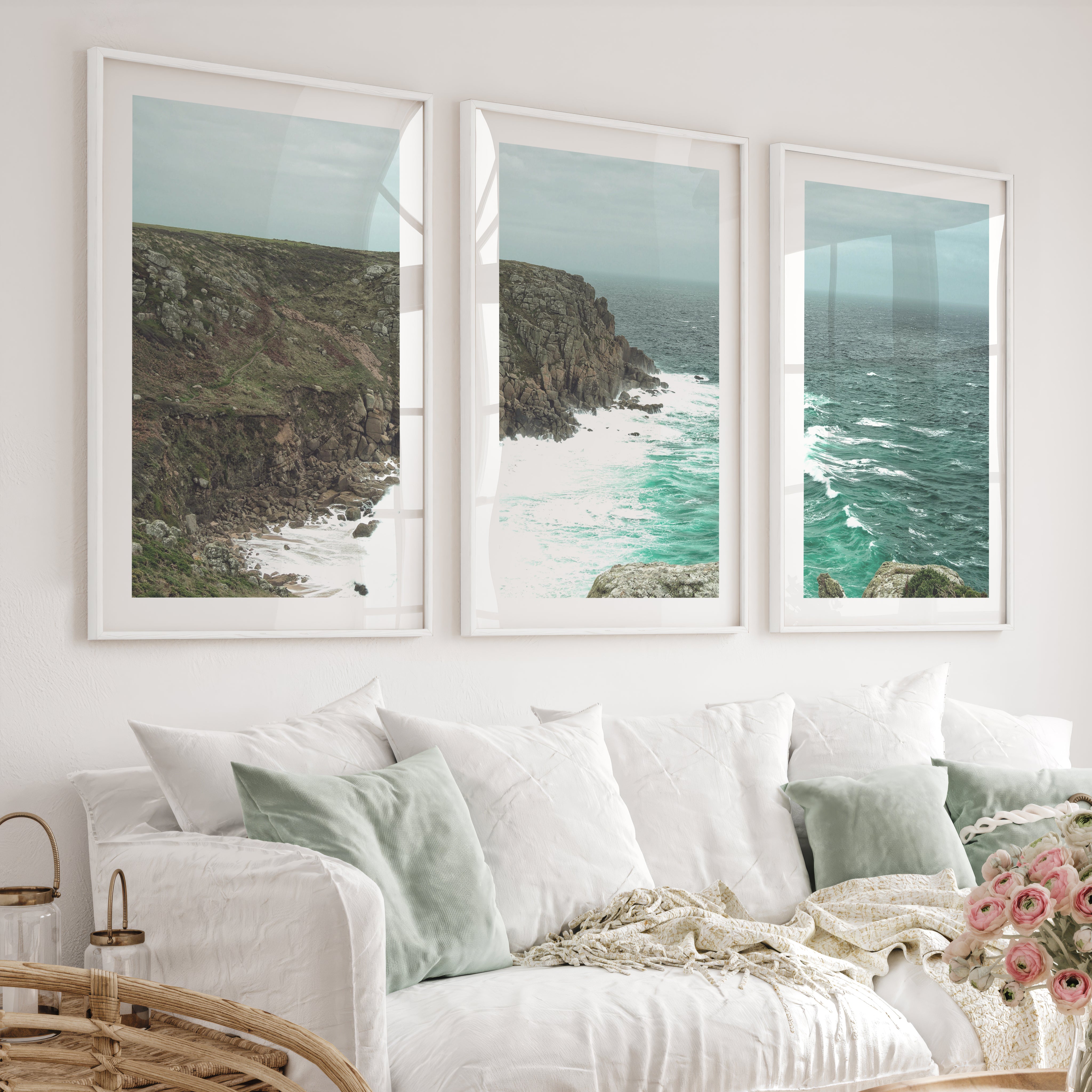 Stormy Rocky Cove Beach Prints Wall Art - White Framed Poster with White Border - Artworksets