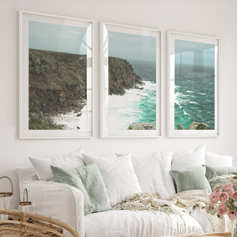 Stormy Rocky Cove Beach Prints Wall Art - White Framed Poster with White Border - Artworksets