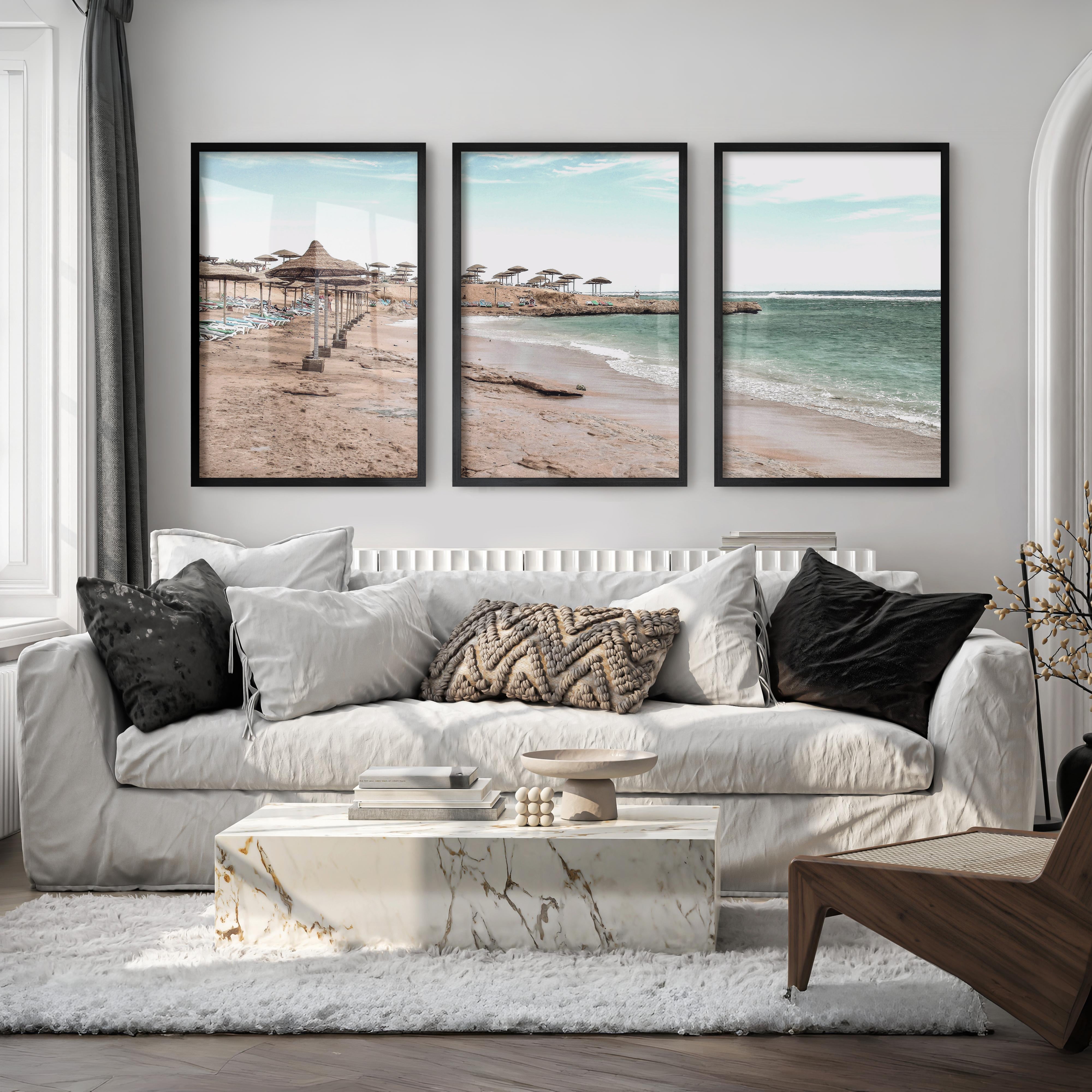 Straw Umbrella Shore beach prints wall art - Black Framed Poster No Border - Artworksets