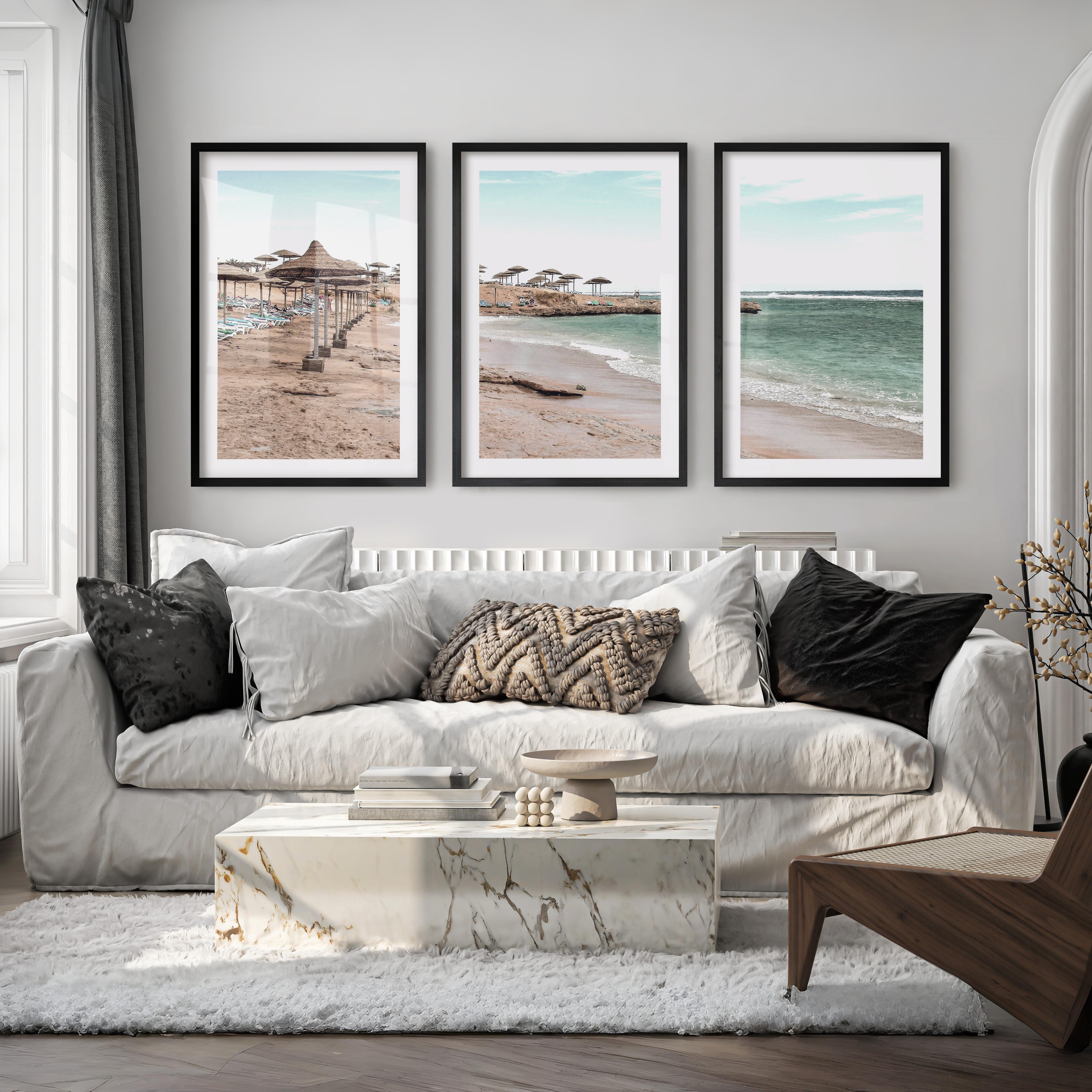 Straw Umbrella Shore beach prints wall art - Black Framed Poster with White Border - Artworksets
