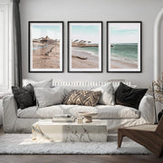 Straw Umbrella Shore beach prints wall art - Black Framed Poster with White Border - Artworksets