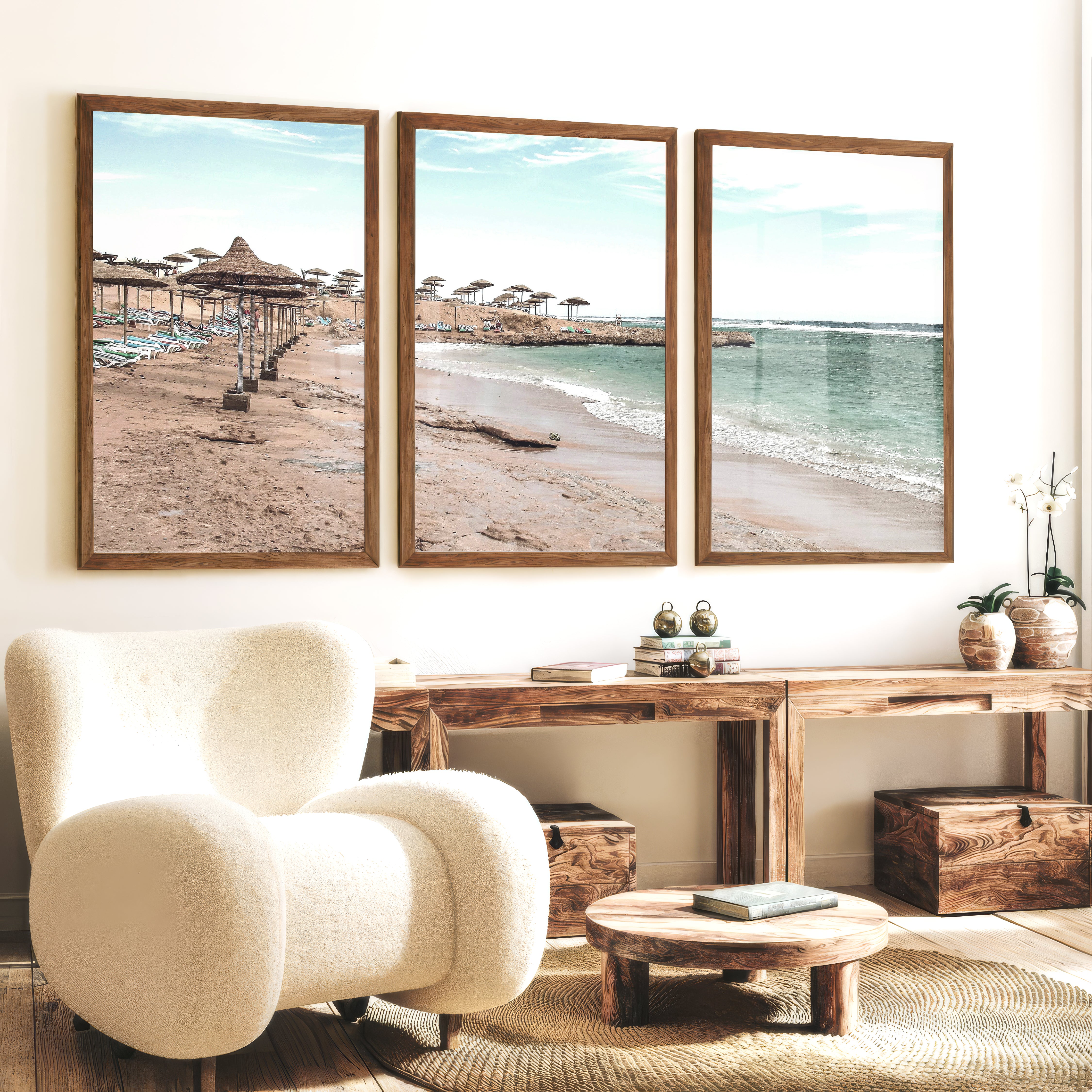 Straw Umbrella Shore beach prints wall art - Dark Brown Framed Poster No Border - Artworksets