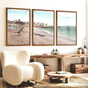Straw Umbrella Shore beach prints wall art - Dark Brown Framed Poster No Border - Artworksets