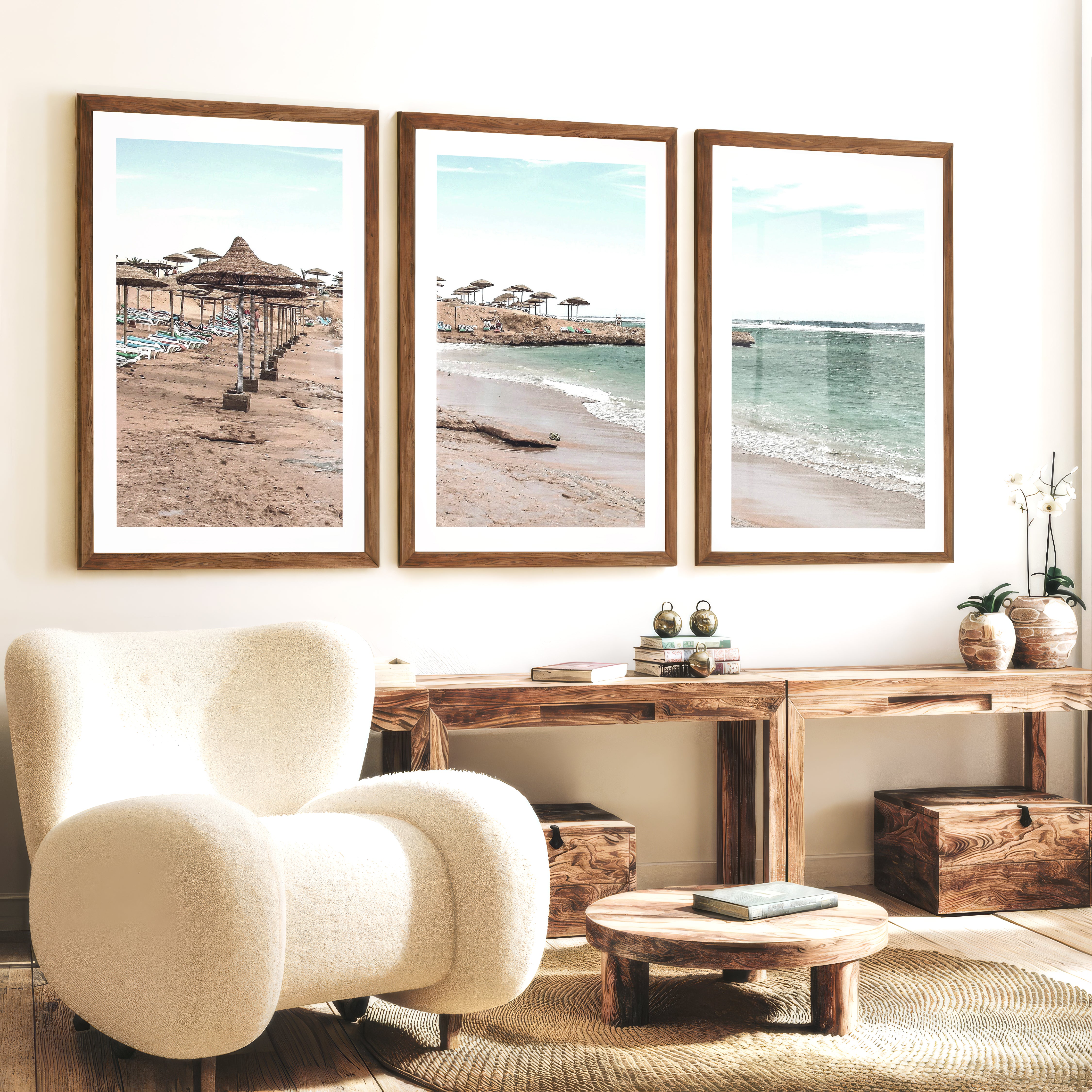 Straw Umbrella Shore beach prints wall art - Dark Brown Framed Poster with White Border - Artworksets