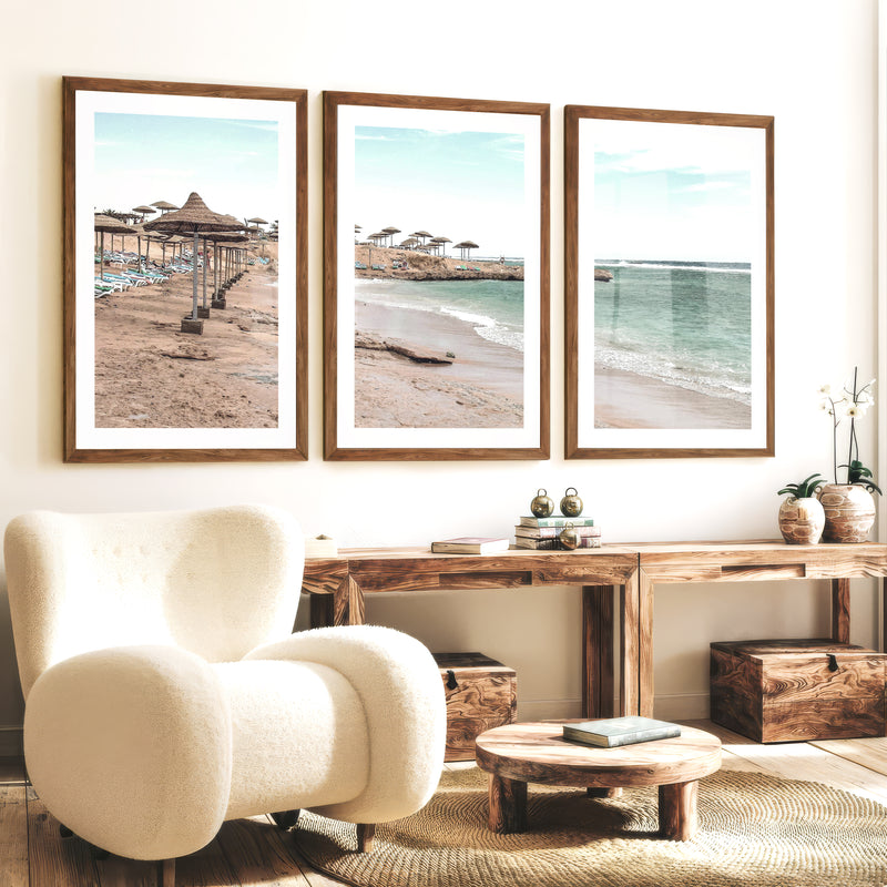 Straw Umbrella Shore beach prints wall art - Dark Brown Framed Poster with White Border - Artworksets