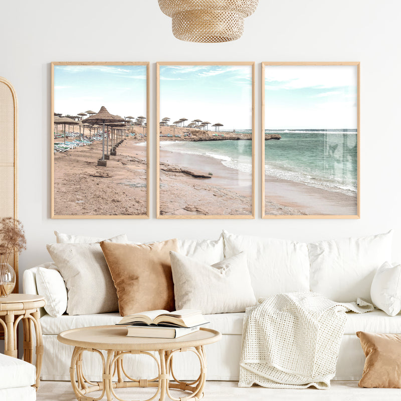Straw Umbrella Shore beach prints wall art - Natural Wood Framed Poster No Border - Artworksets