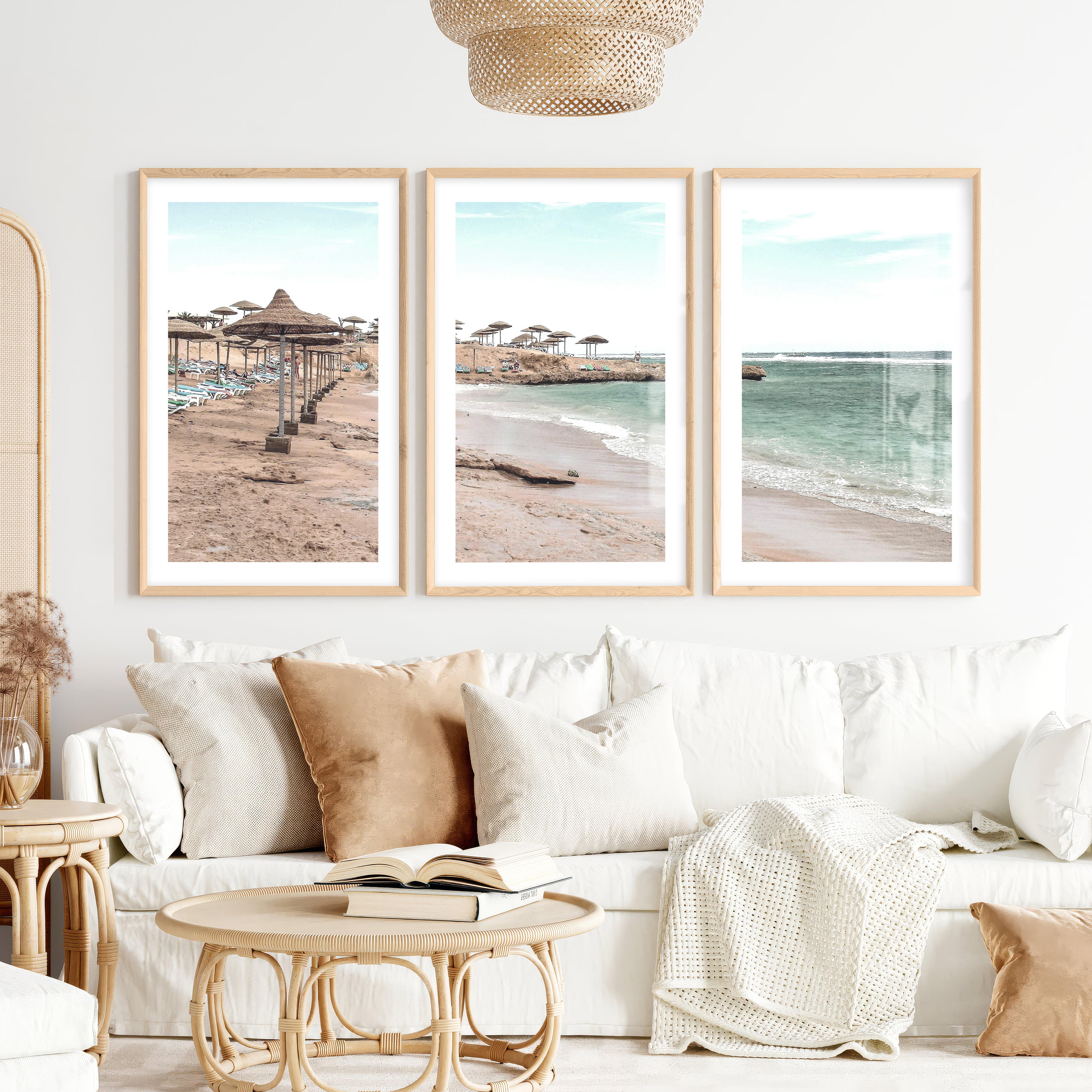 Straw Umbrella Shore beach prints wall art- Natural Wood Framed Poster with White Border - Artworksets