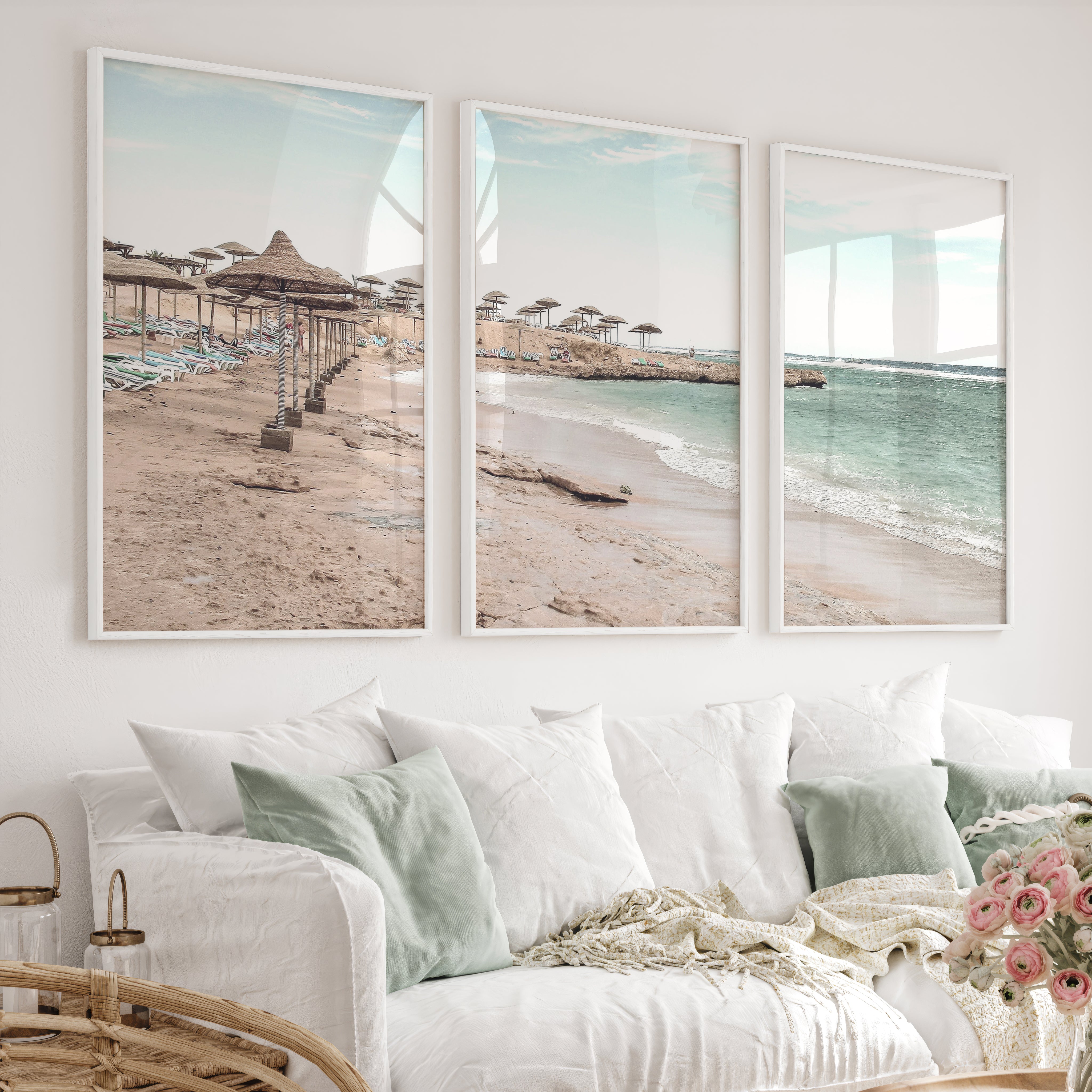 Straw Umbrella Shore beach prints wall art - White Framed Poster No Border - Artworksets