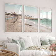 Straw Umbrella Shore beach prints wall art - White Framed Poster No Border - Artworksets
