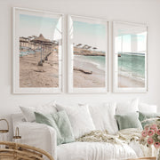 Straw Umbrella Shore beach prints wall art - White Framed Poster with White Border - Artworksets