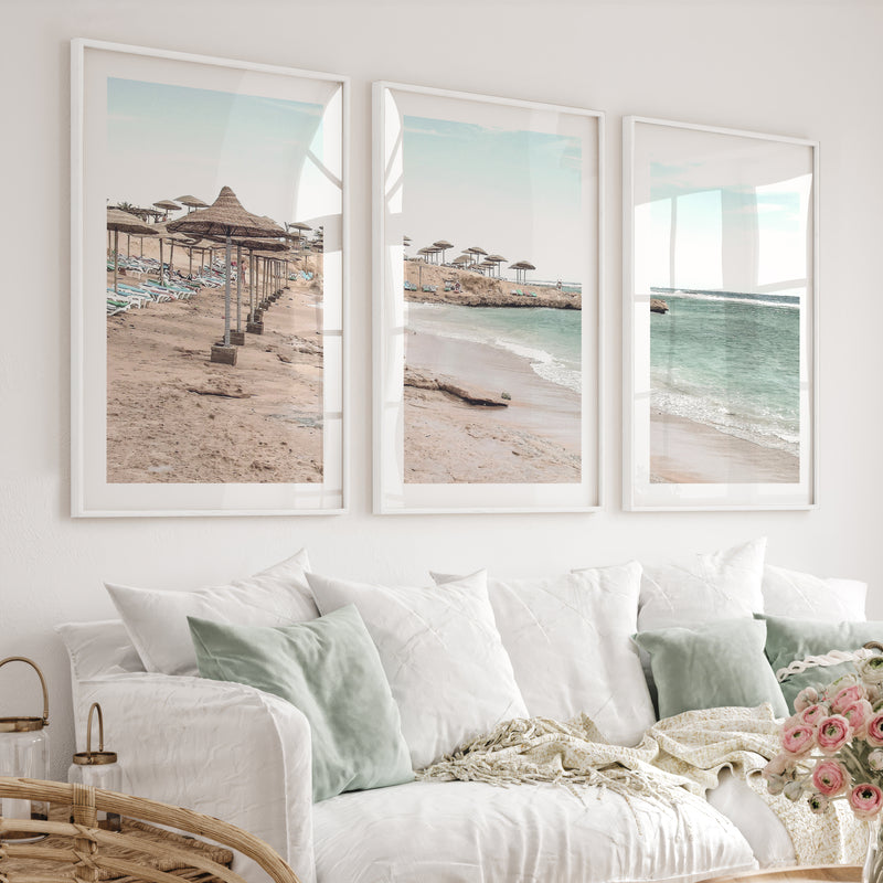 Straw Umbrella Shore beach prints wall art - White Framed Poster with White Border - Artworksets