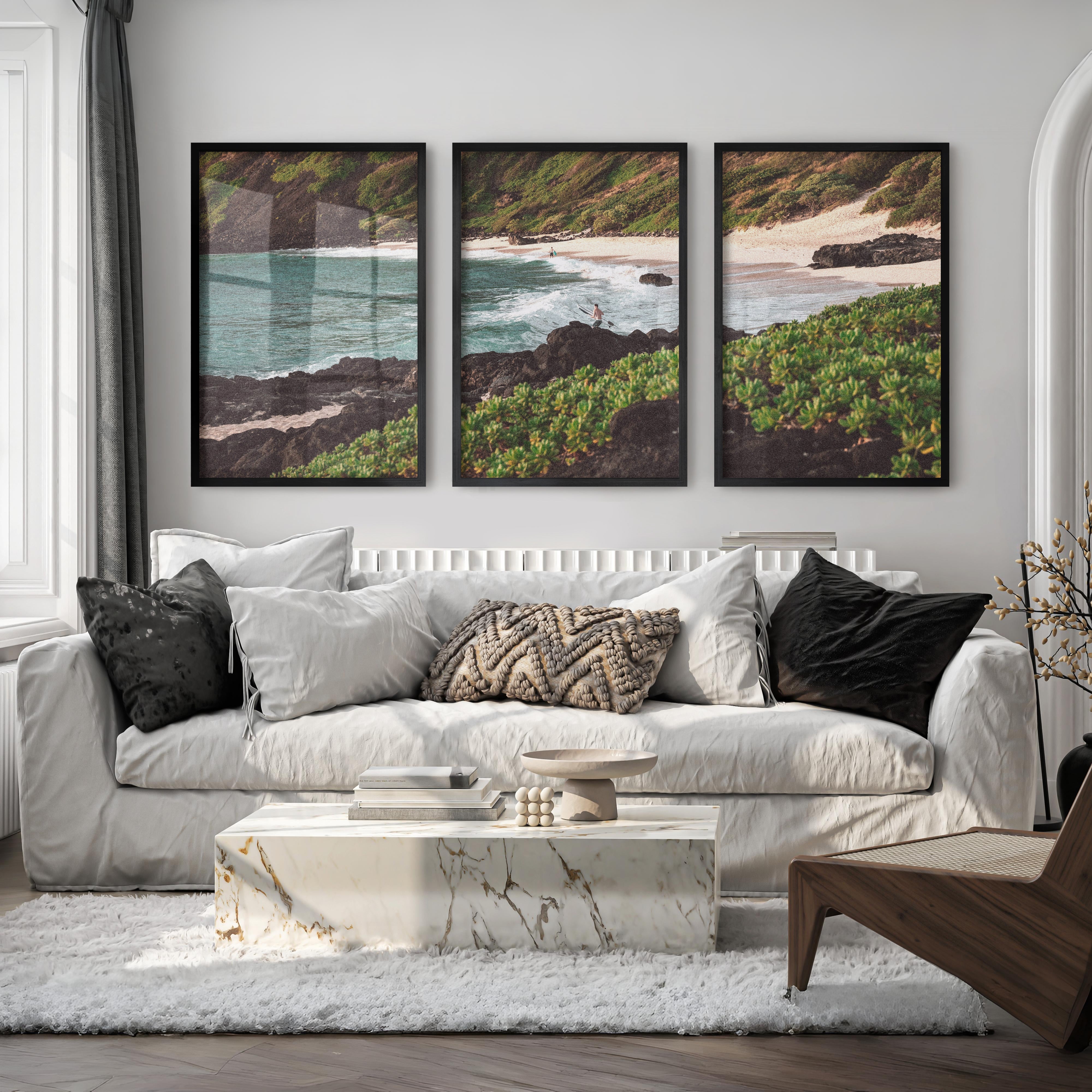 Surfer Cove Beach Scene Wall Decor - Black Framed Poster No Border - Artworksets
